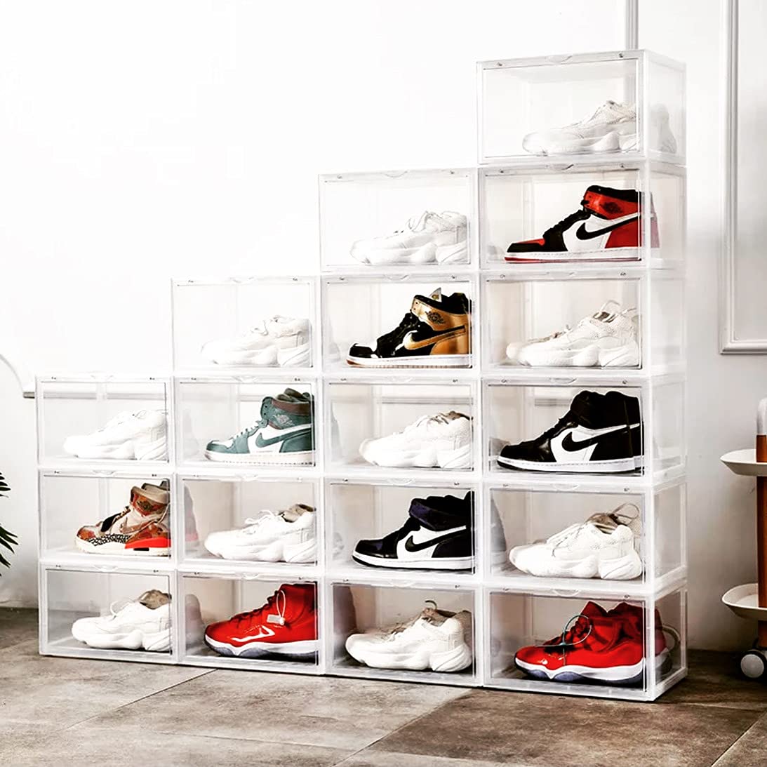 EZB - 12 Pack XL Magnetic Shoe Storage Box with Drop Side & Front Opening - Clear Stackable Sneaker Organizer for Closet, Bedroom, or Entryway Organization