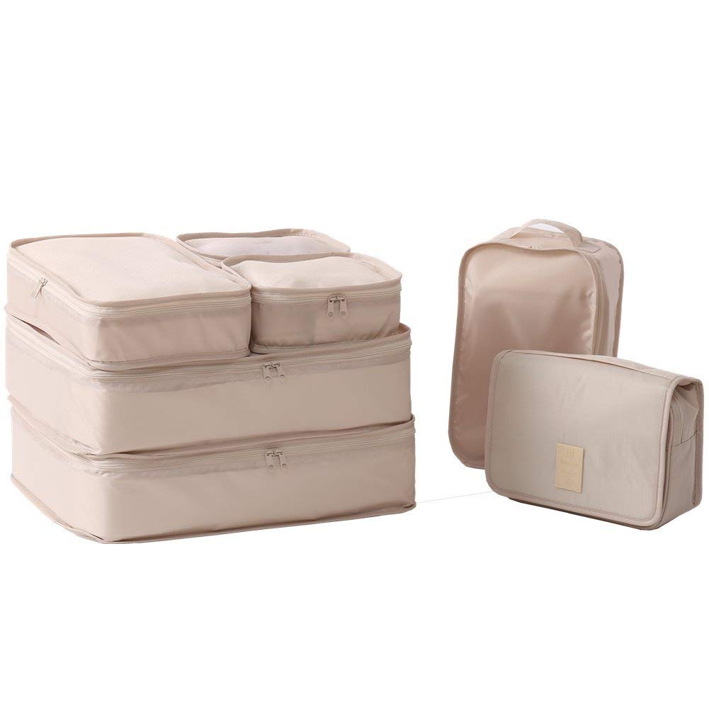 JJ POWER 7-Piece Travel Packing Cubes Set - Luggage Organizers with Toiletry Bag & Shoe Bag (Beige) | Perfect for Business Trips, Vacations & Weekend Getaways