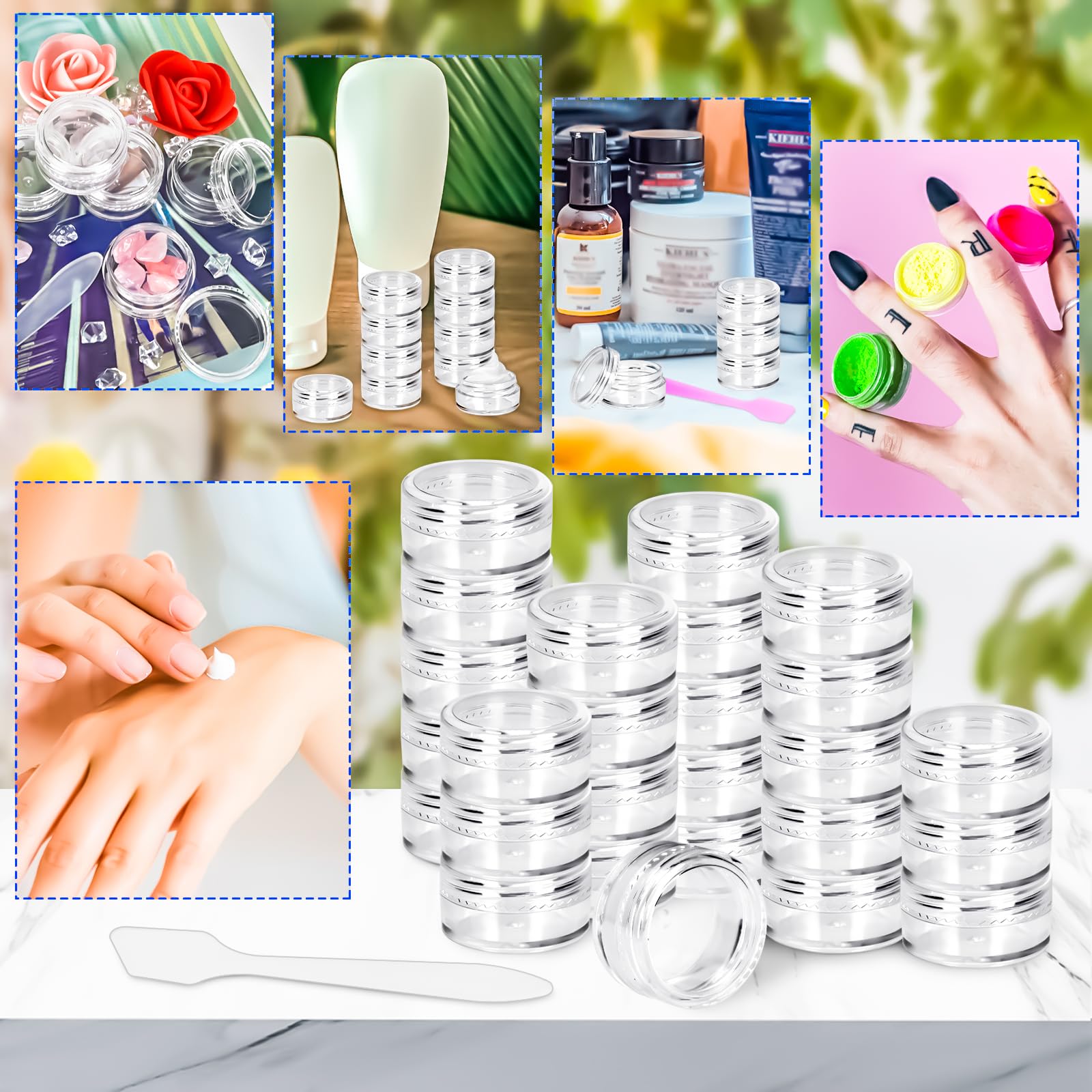 MotBach 100 Pcs 5g Empty Plastic Containers with Clear Lids - Mini Makeup Sample Jars, Small Round Cosmetic Containers with Mini Spatulas for Liquid, Powder, Cream & Lotion Samples - Perfect for Travel, DIY Beauty & Sample Storage