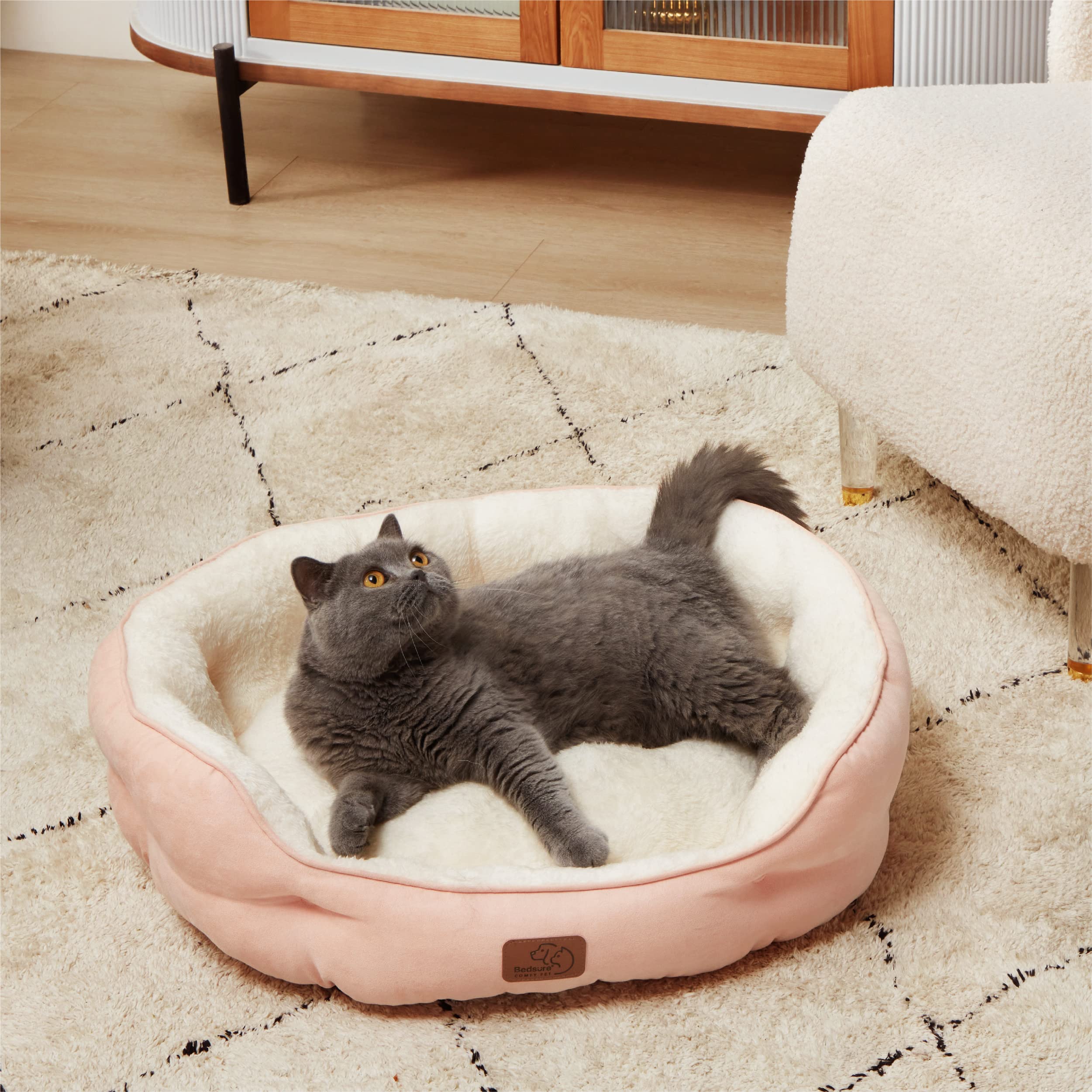 Bedsure Washable Round Pet Bed for Small Dogs & Cats - Non-Slip Bottom, 25 Inch Peach Pink | Cozy Indoor Dog Bed & Cat Bed for Puppies & Kittens | Perfect for Living Room, Bedroom & Pet Crate