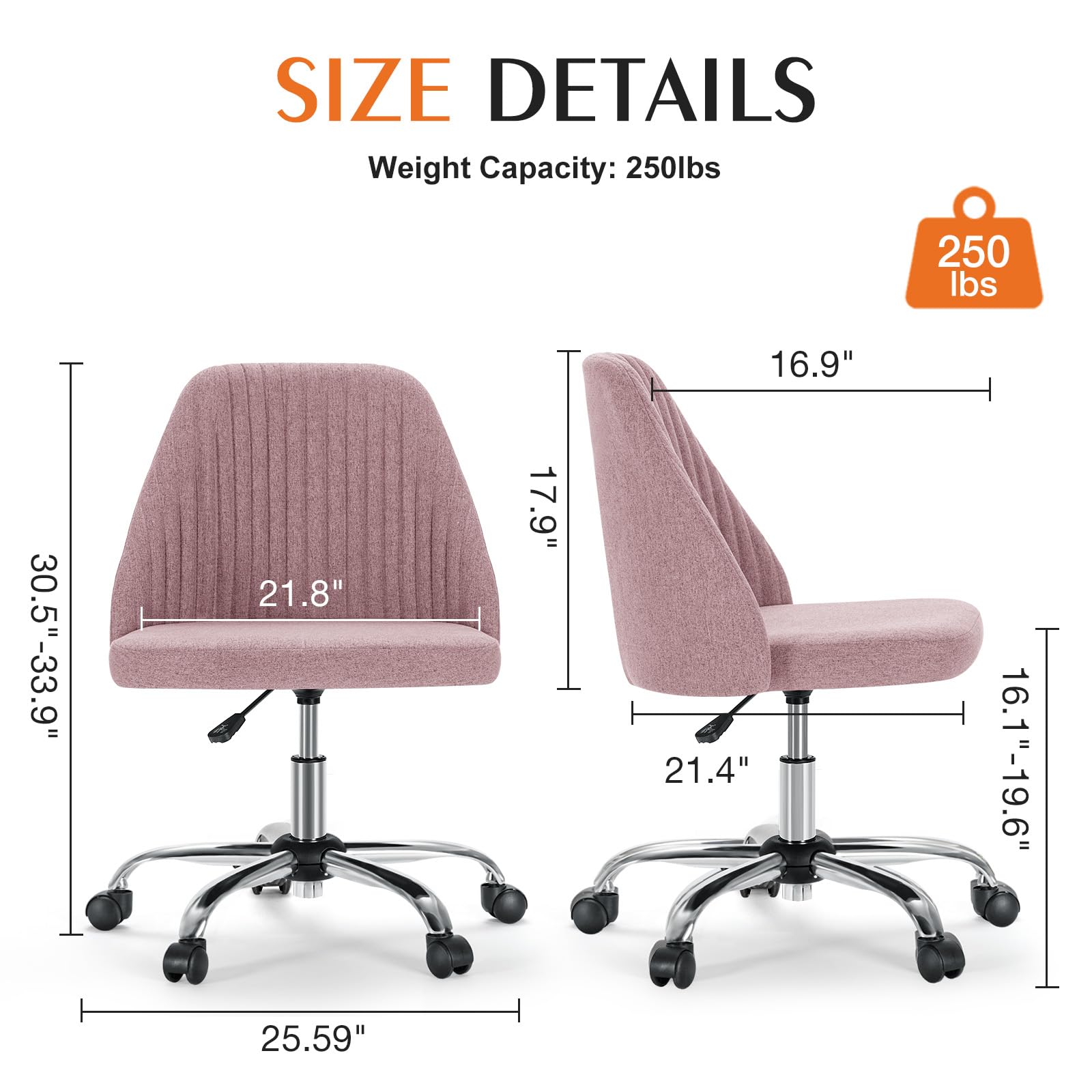 Sweetcrispy Armless Office Chair - Modern Fabric Adjustable Swivel Task Chair with Wheels for Home Office, Computer Desk & Small Spaces | Perfect for Compact Workspaces, Gaming & Vanity Areas