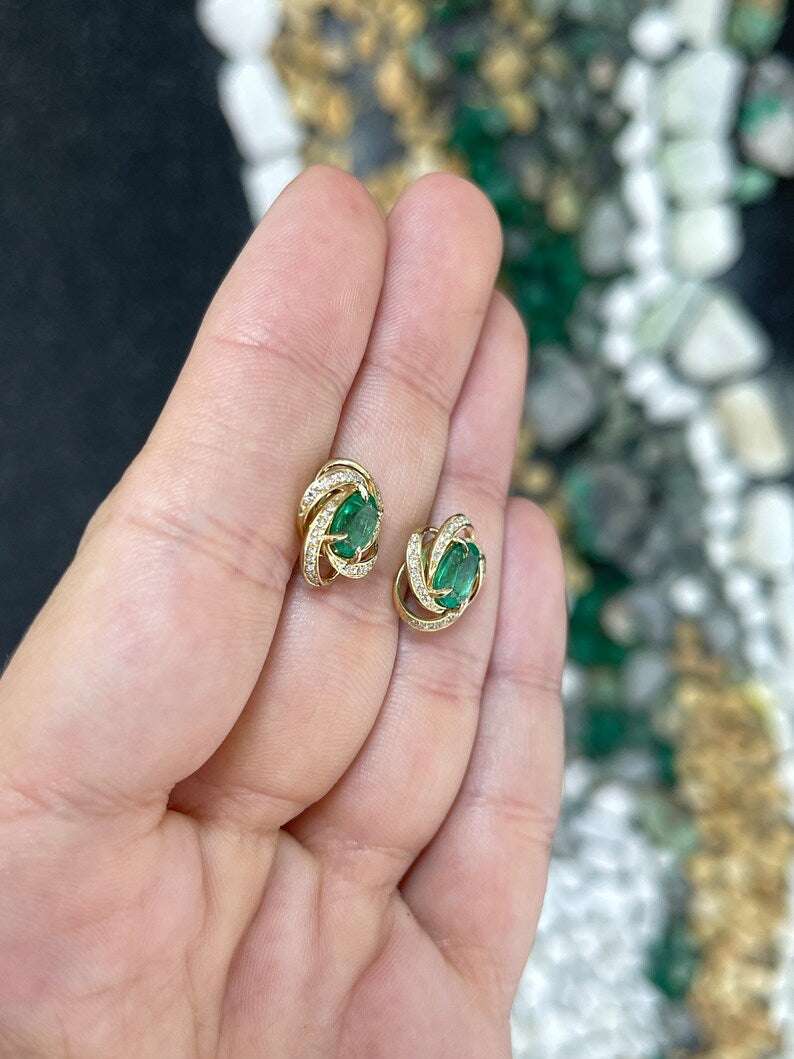 2.31tcw 14K Gold Oval Cut Emerald & Diamond Halo Earrings - Medium Dark Green Gemstone Jewelry for Women, Perfect for Weddings, Parties & Special Occasions