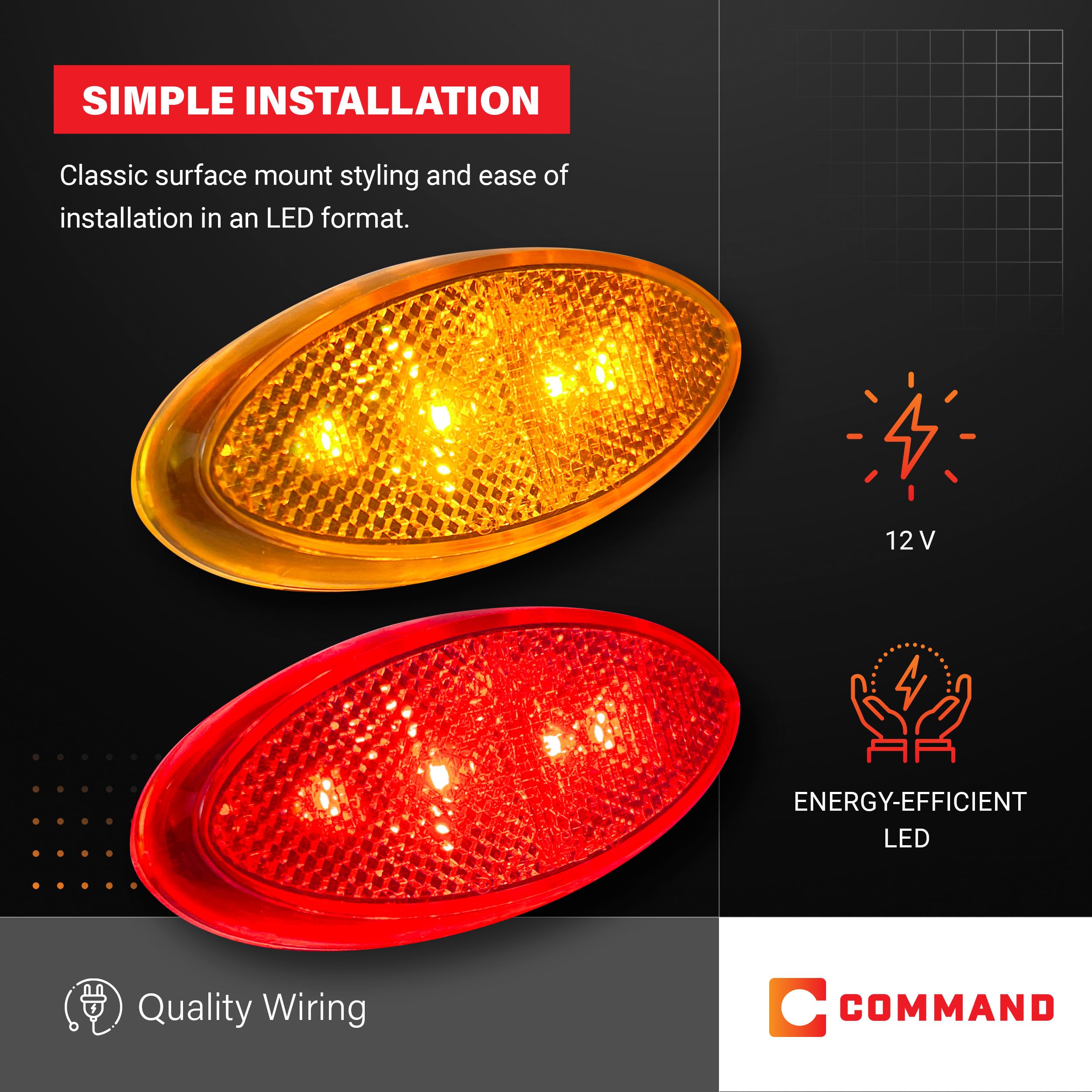 Command Electronics OEM 12V LED RV & Trailer Oval Clearance Light with Built-in Reflex – Surface Mount Amber & Red – 4 Pack – Made in USA – Perfect for RV Trailers, Boats & Truck Safety Lighting