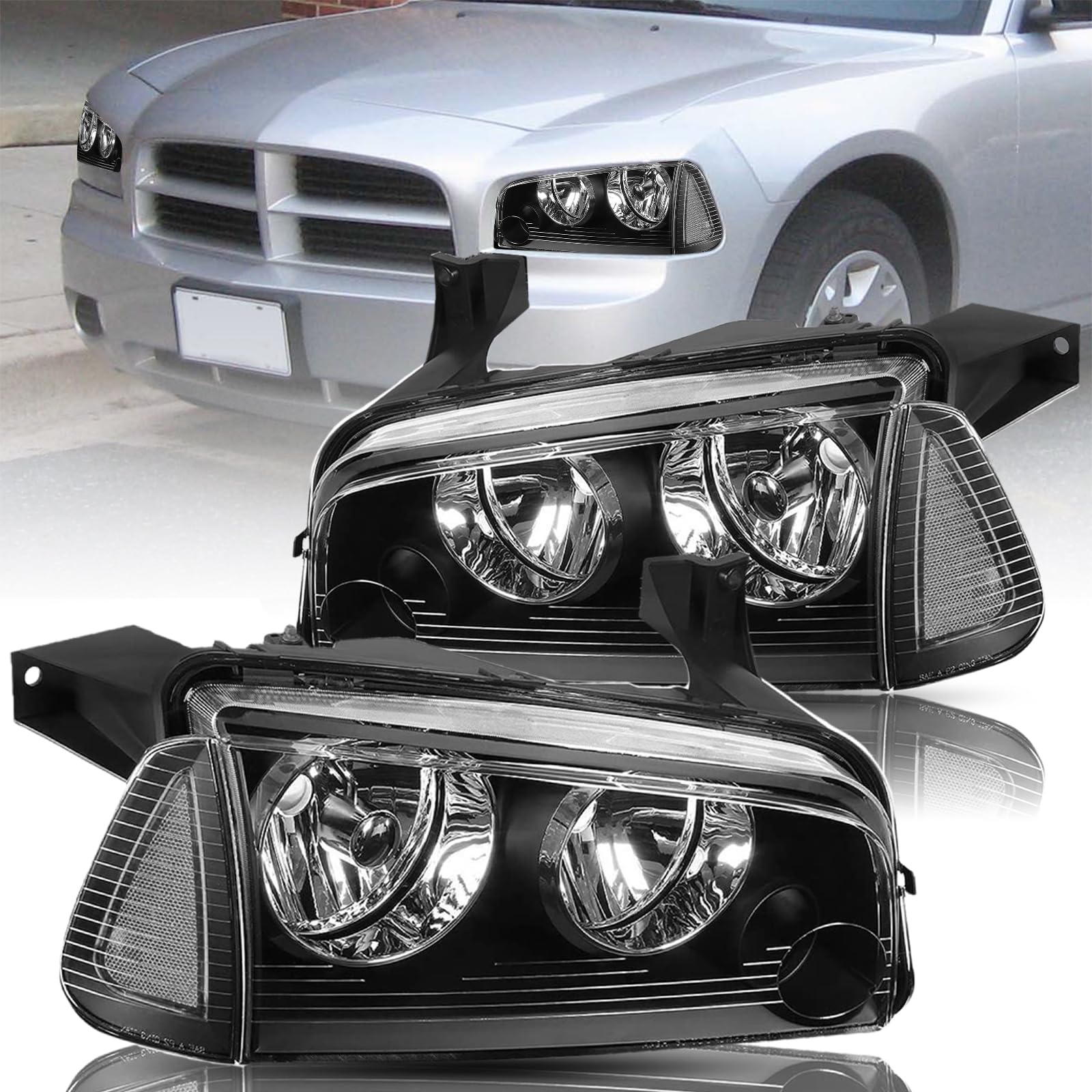 Bingbingmotor Headlight Assembly for 2006-2010 Dodge Charger - Black Housing & Clear Reflector - Left & Right Side Replacement - Perfect for Night Driving and Foggy Conditions