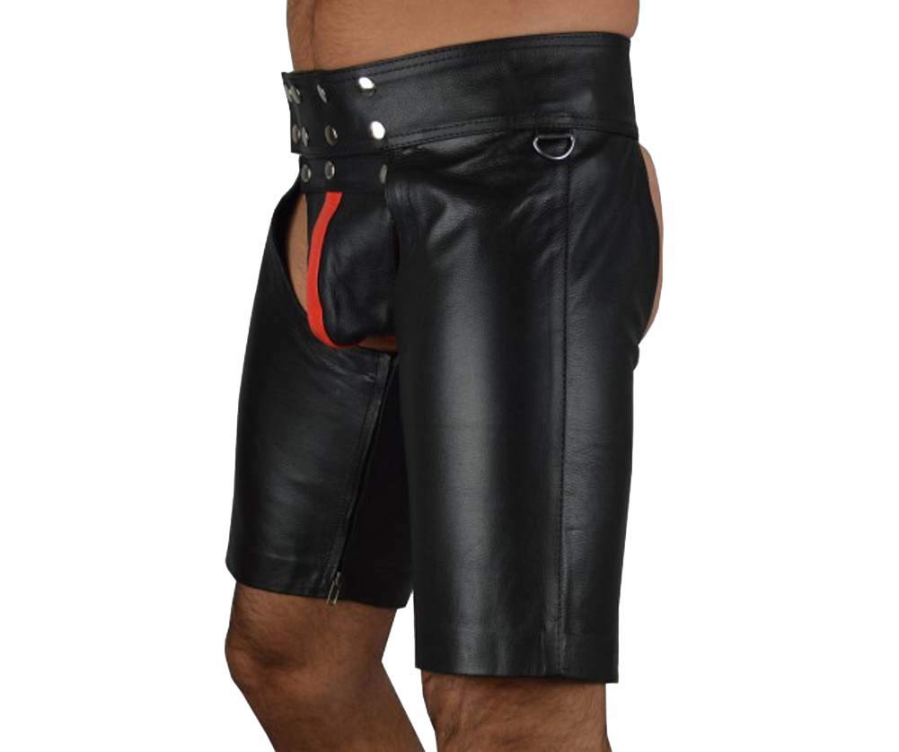 Genuine Cowhide Leather Shorts for Men - Black Red Striped Gay Chaps (34