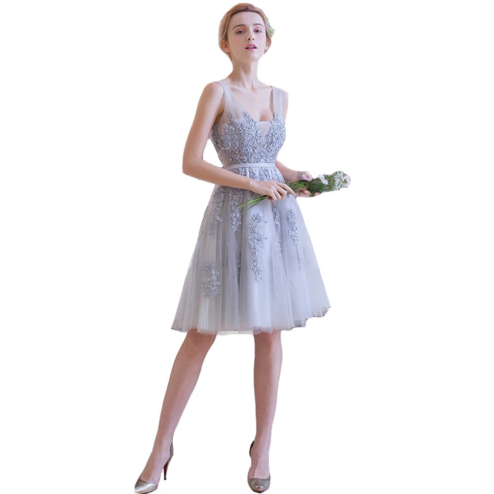 **Elegant Silver Short Knee-Length Sheer Backless Beaded Lace Prom Dress for Women – Perfect for Bridesmaids, Evening Parties & Special Occasions**