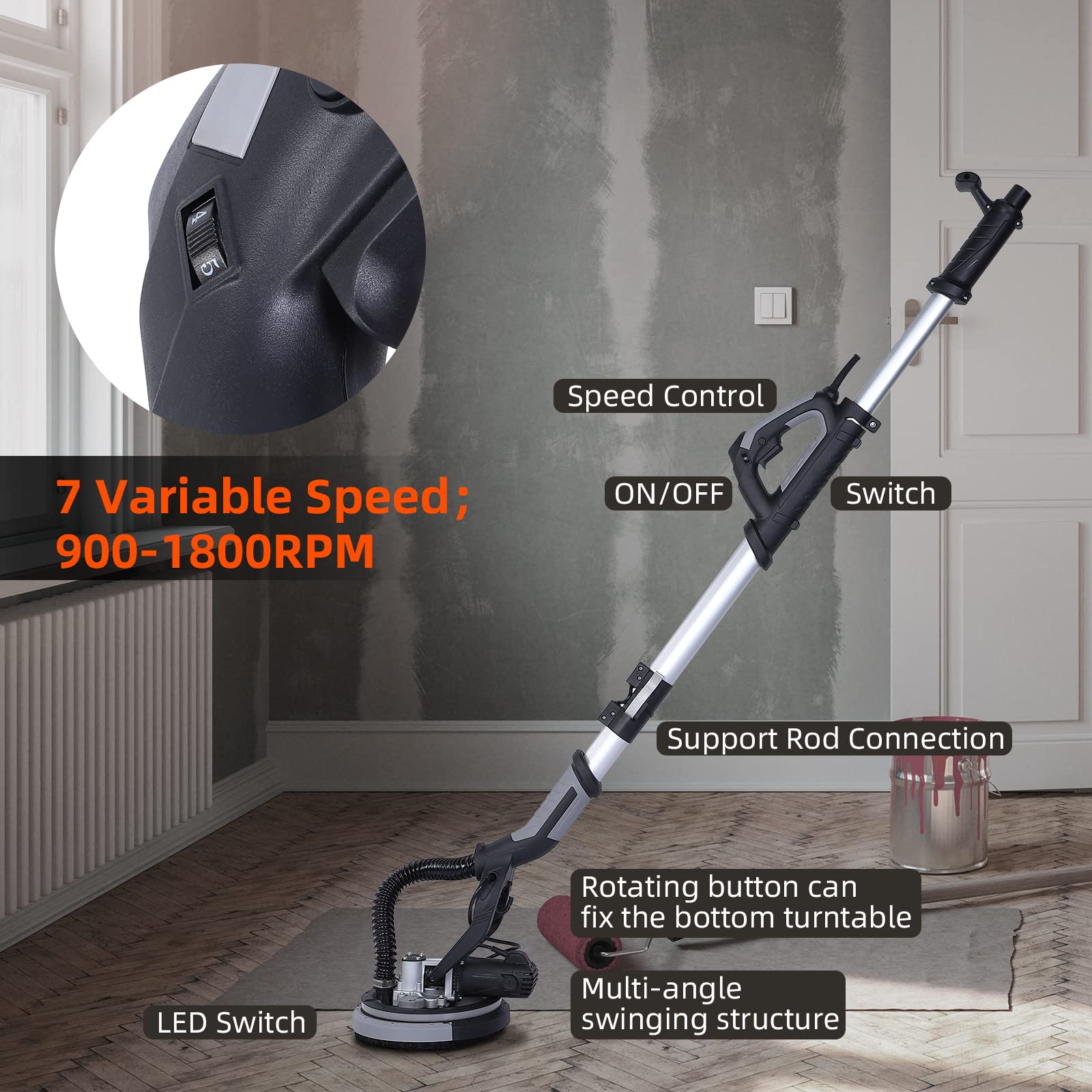 750W Electric Drywall Sander with LED Light - 7 Variable Speed (900-1800 RPM), 14 Sanding Discs, Extendable Handle & Dust Hose - Perfect for Home Renovation, Wall Smoothing & DIY Projects