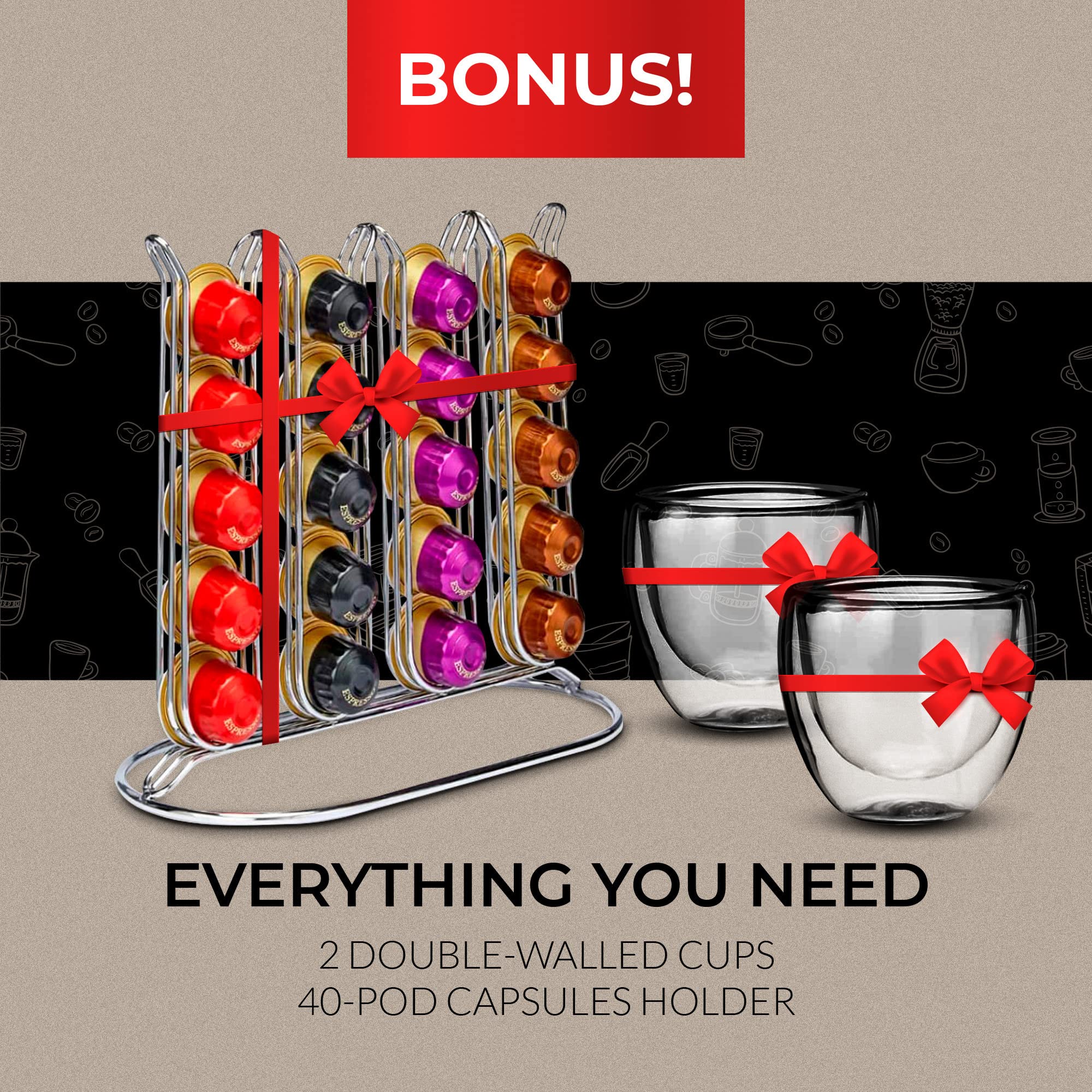 ChefWave Mini Espresso Machine for Nespresso Pods - Programmable One-Touch Coffee Maker with Water Tank & Pod Holder, Includes 2 Double-Wall Glass Cups & 20 Bestpresso Intenso Capsules - Perfect for Home, Office or Gifts (Red)