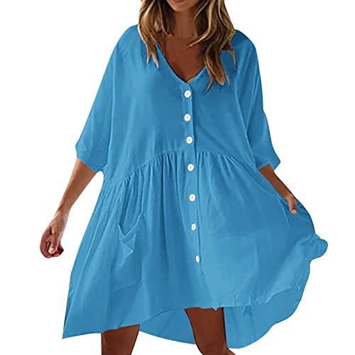 Women's Casual Solid Loose V-Neck Half Sleeve Button Pocket Maxi Dress - Sky Blue, Size S | Perfect for Beach Outings, Summer Vacations & Everyday Wear