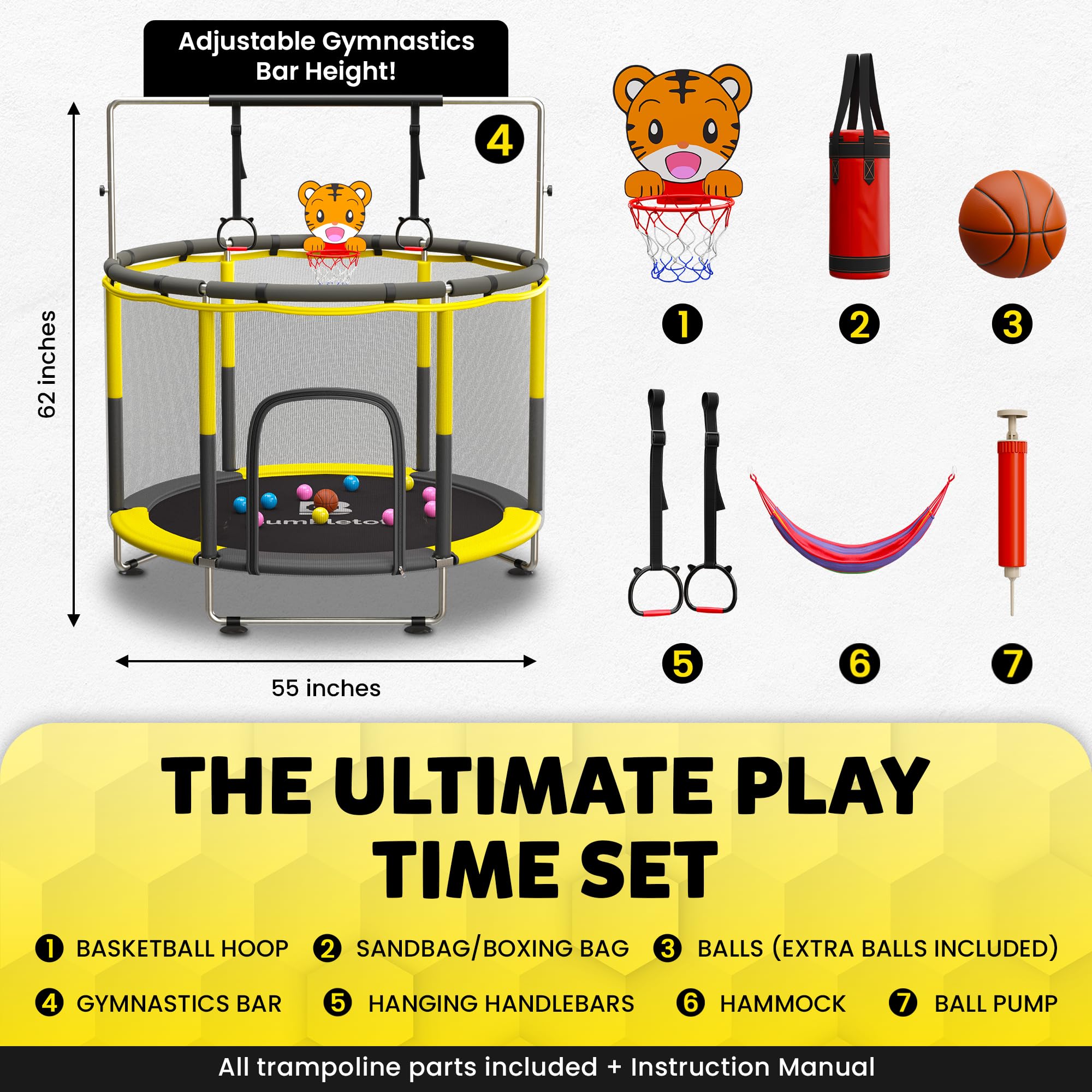 Best 5ft Toddler Trampoline for Kids Ages 3-8 - Indoor/Outdoor Jumping Toy with Safety Net, Basketball Hoop & Accessories - Perfect for Backyard, Playroom & Garden Fun