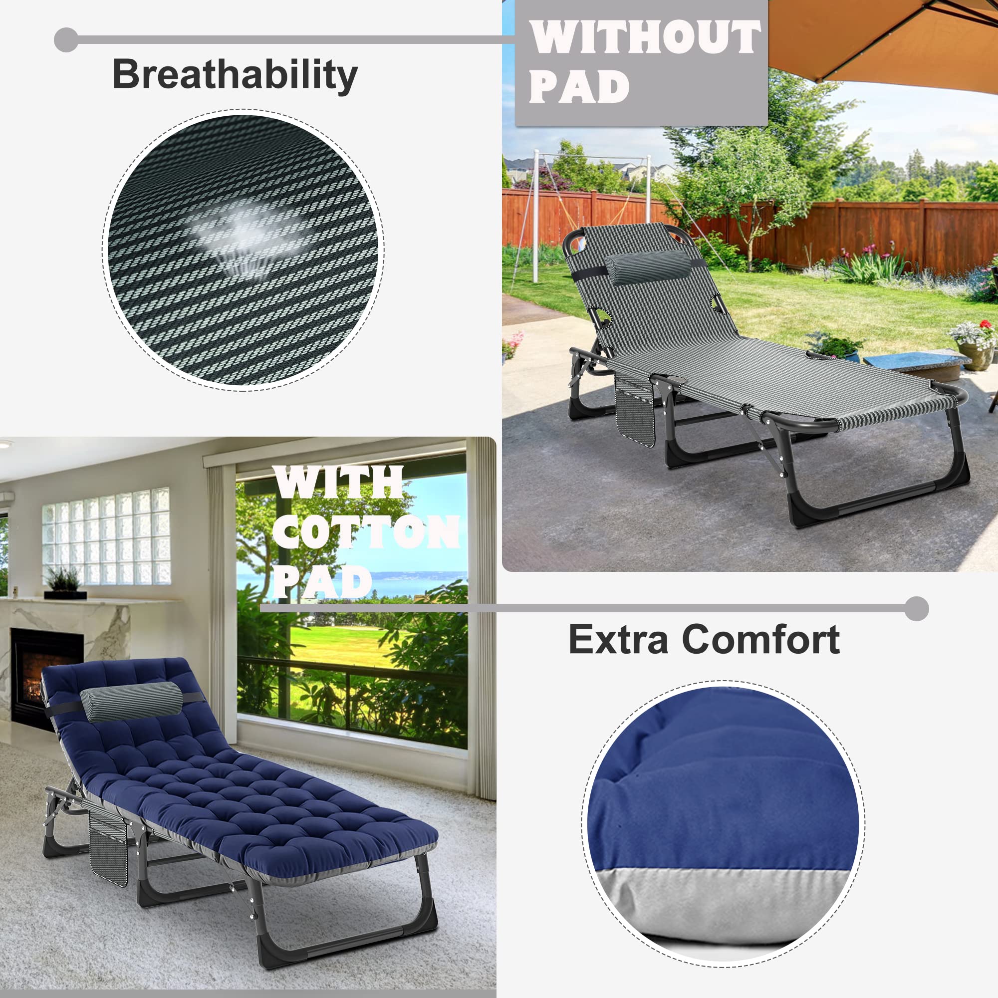 ABORON 5-Position Adjustable Camping Cot for Adults - Portable Folding Sleeping Cot & Lounge Chair with Pillow - Heavy Duty Outdoor Recliner for Beach, Lawn, Camping, Poolside & Sunbathing - Perfect for Backyard Relaxation, Picnics & Travel Adventures