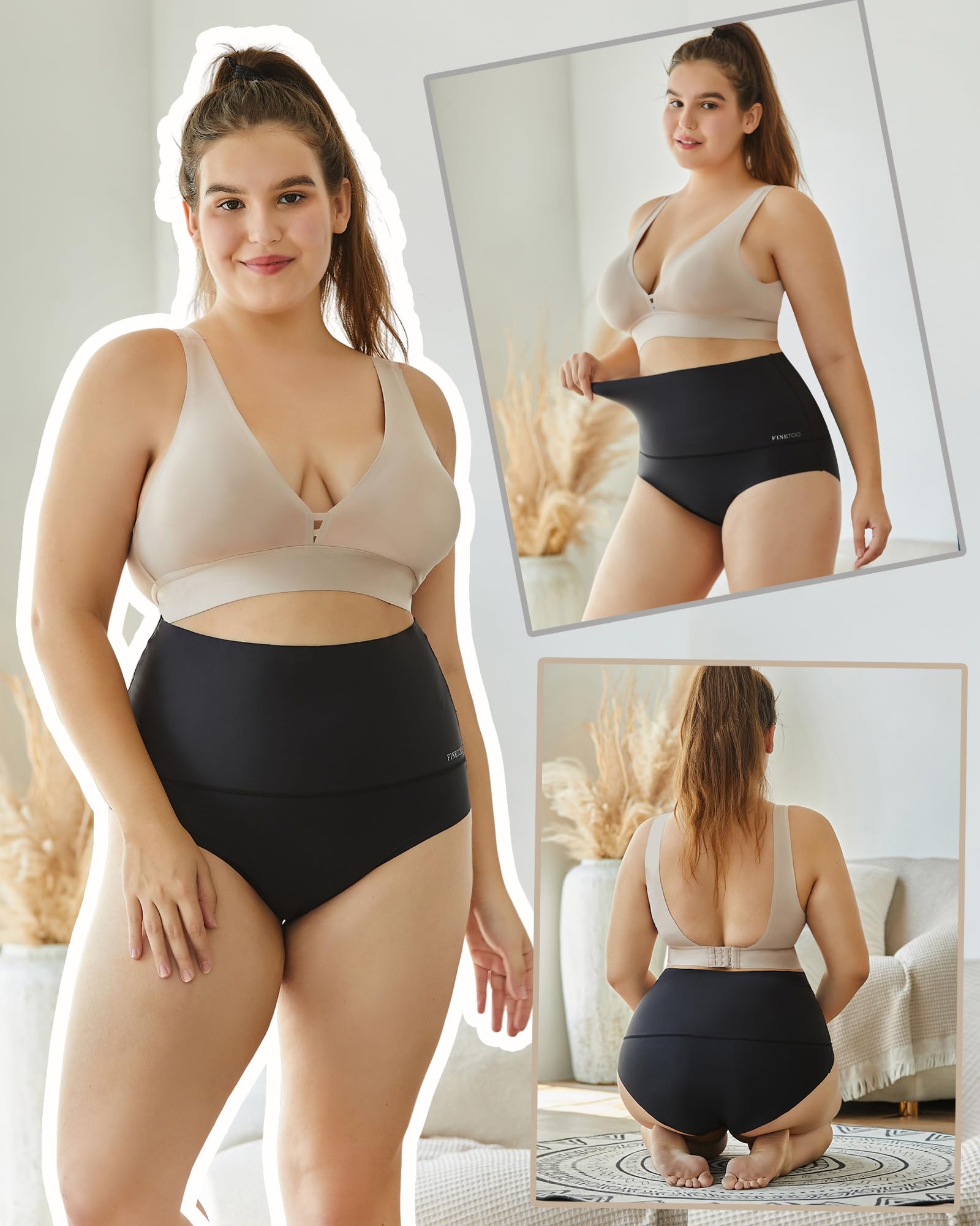 FINETOO High Waisted Tummy Control Underwear for Women - Seamless No Show Nylon Panties 4 Pack (S-XXXL) - Comfortable Shapewear for Everyday Wear, Yoga & Workout