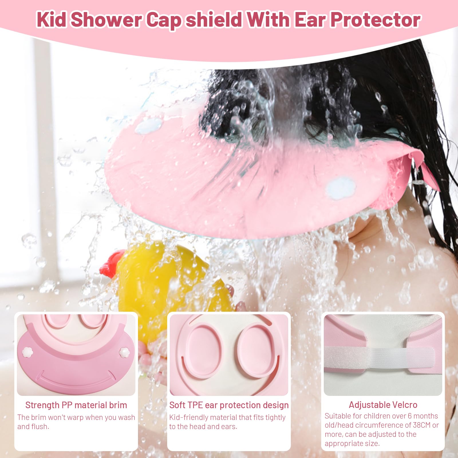 **Baby & Toddler Hair Washing Shield – Waterproof Shampoo Cap with Ear Covers for Kids – Soft & Safe Shower Cap for Bath Time (Pink) – Perfect for Sensitive Skin & Mess-Free Hair Wash**