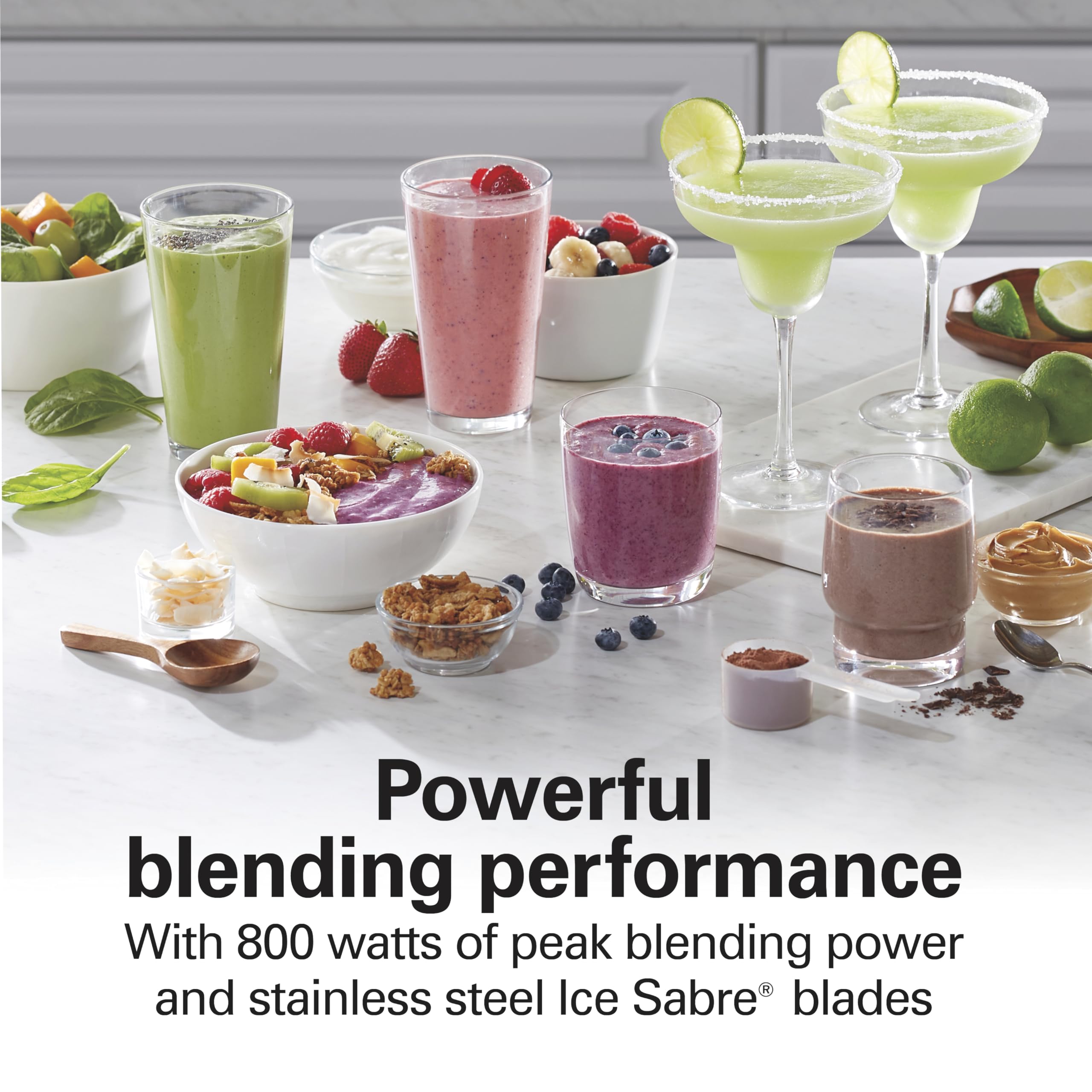 Hamilton Beach Wave Action Blender 800W - Stainless Steel Ice Crushing Blades, 40oz Glass Jar & 20oz Travel Jar - Perfect for Smoothies, Shakes, Protein Drinks - Quiet Design, Gray (58181) - Ideal for Home Kitchen, Gym, Office & Healthy Lifestyle