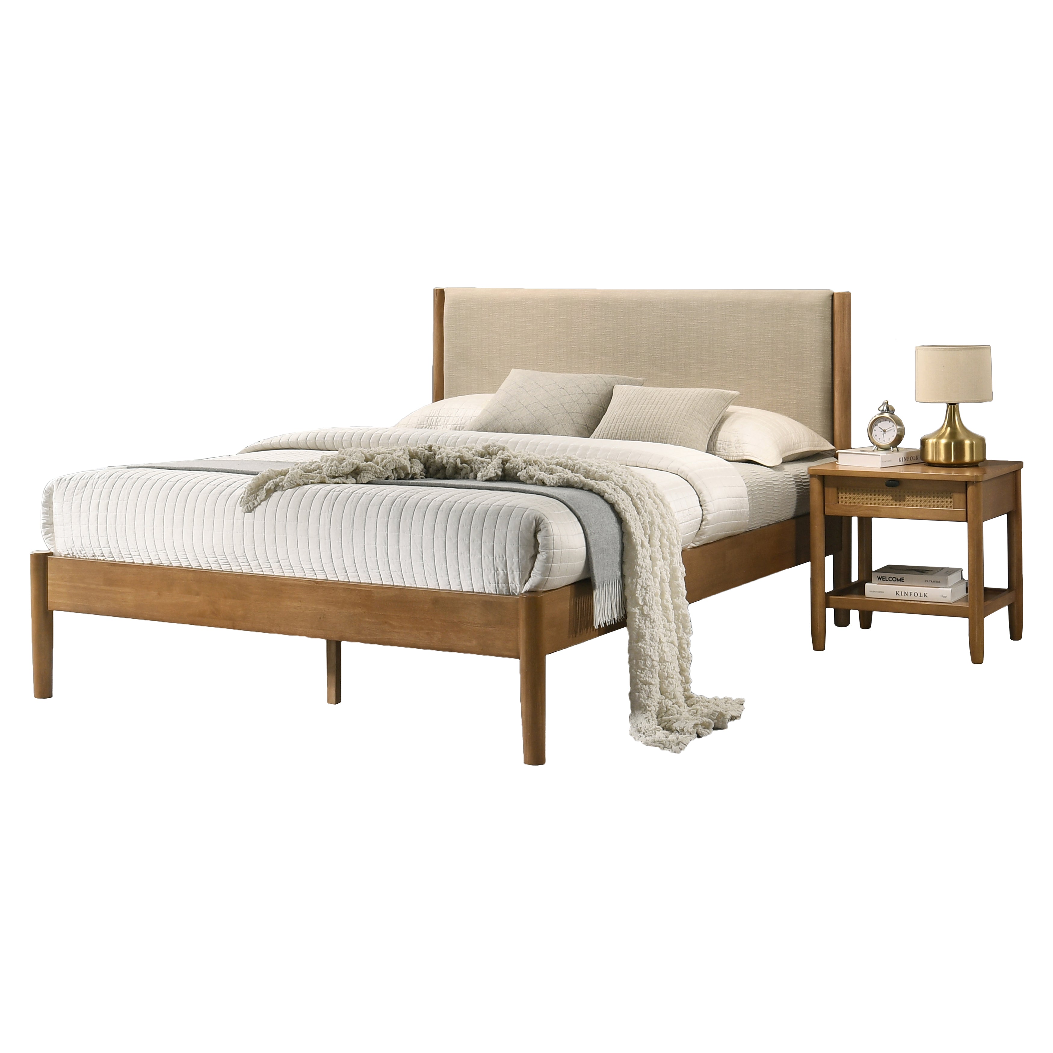 Roundhill Furniture Vichy 2-Piece Rubberwood Bedroom Set - Platform Bed with Nightstand for Modern Home Decor | Durable Wooden Bed Frame & Matching Side Table for Master Bedroom or Guest Room