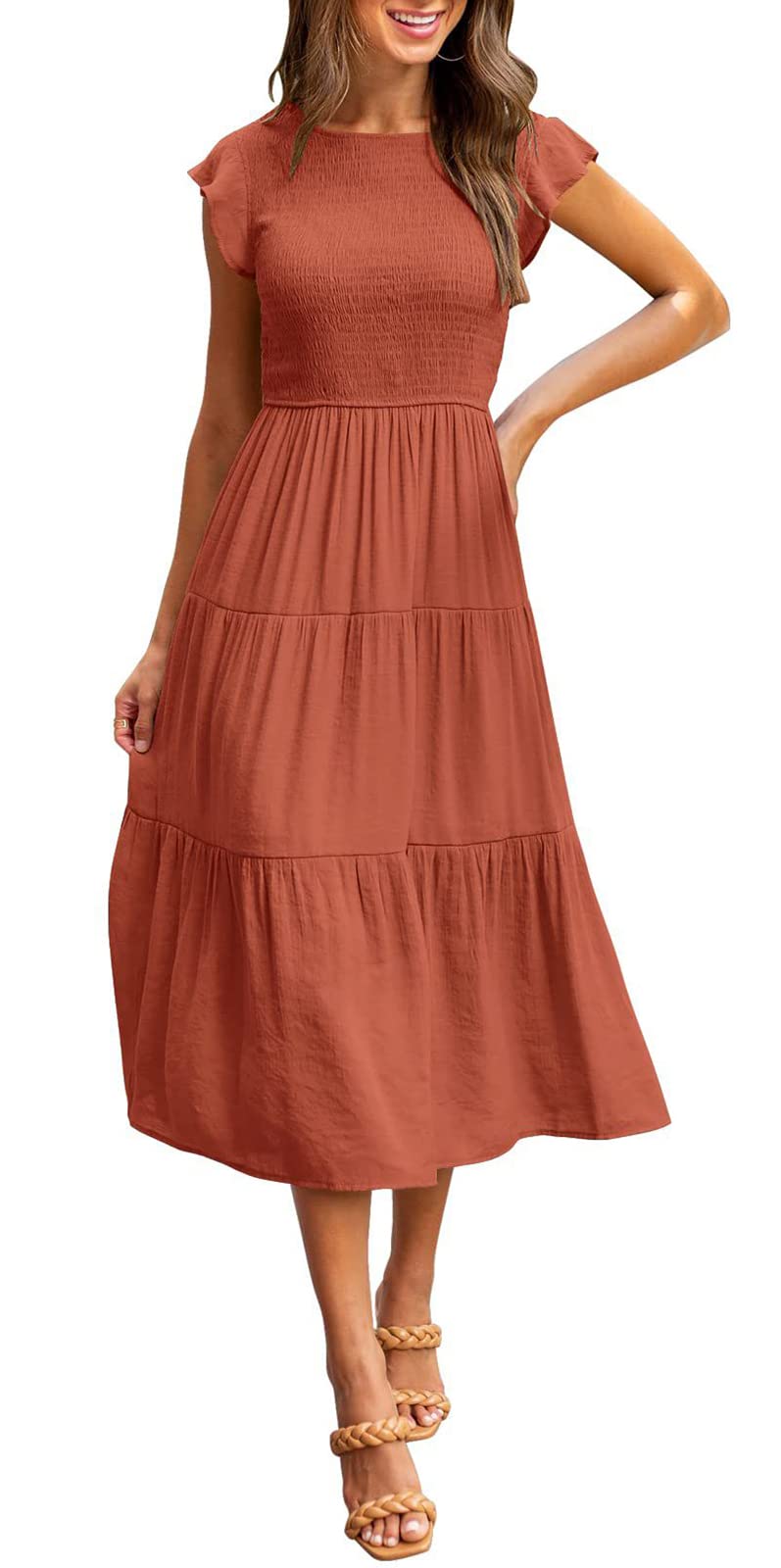AELSON Women's Summer Casual Midi Dress - Smocked Elastic Waist Boho A-Line Maxi Dress for Beach, Vacation & Outdoor Activities