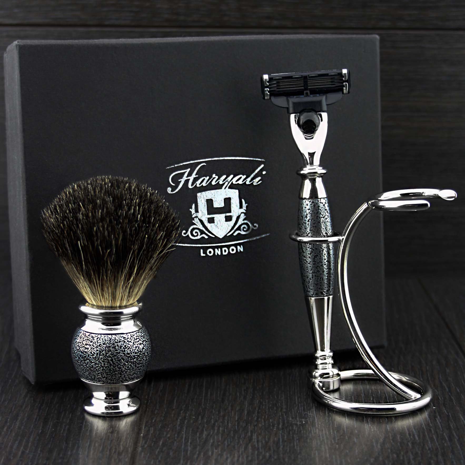 Premium 3-Blade Shaving Razor with Black Badger Hair Brush & Stainless Steel Stand - Complete Men's Grooming Kit for Sensitive Skin - Perfect for Travel, Home Use & Gift Giving