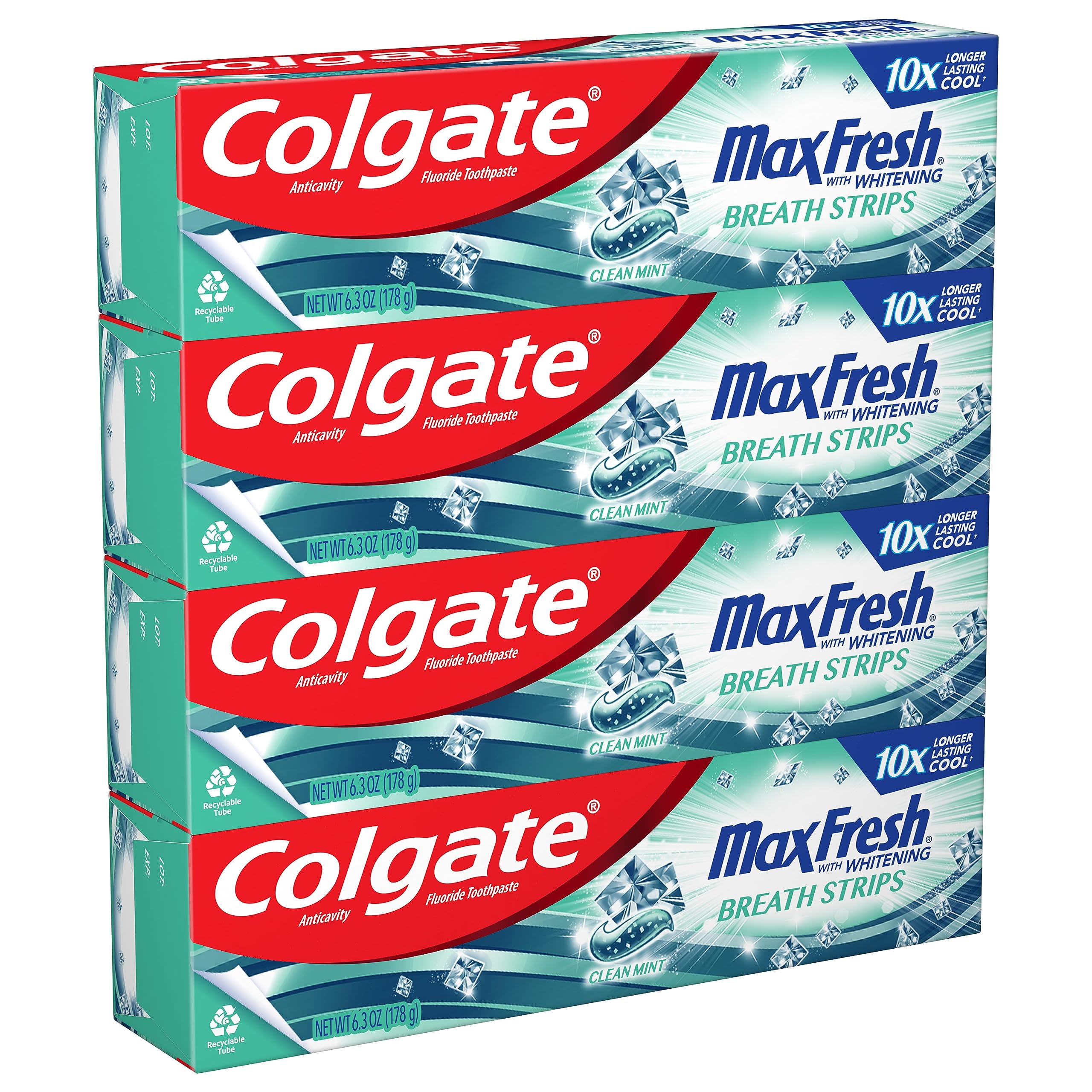 Colgate Max Fresh Whitening Toothpaste with Mini Strips - Clean Mint Flavor for Bad Breath, Cavity Protection & Teeth Whitening, 6.3oz (4-Pack) | Fresh Breath for Work, Dates & Daily Oral Care