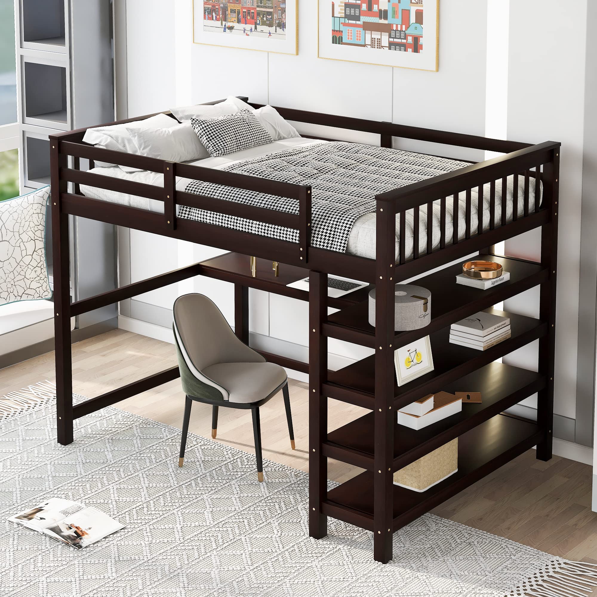 Bellemave Full Size Loft Bed with Desk & Storage Shelves - Solid Wood Loft Bed Frame for Teens & Adults - Space-Saving Bedroom Furniture for Small Rooms, Dorms & Apartments (Espresso)