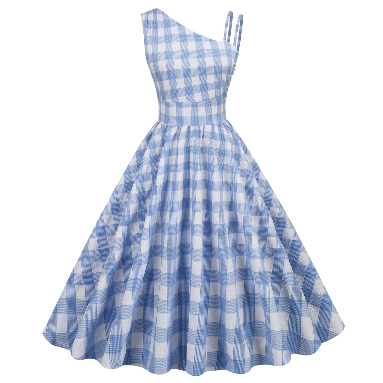 2022 Women's Summer Plaid Sleeveless Sun Dress - Elegant Pleated Slanted Shoulder Swing Midi Dress for Casual Outings, Beach Vacations & Date Nights
