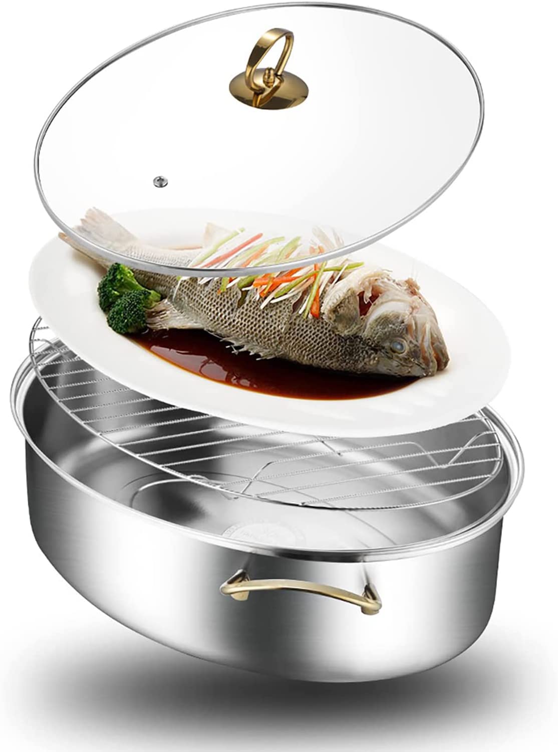 Premium Stainless Steel Fish Steamer Pot with Rack - Multi-Functional Cookware for Seafood, Vegetables & Dumplings | Includes Ceramic Pan & Chuck | Perfect for Home Cooking, Meal Prep & Healthy Eating
