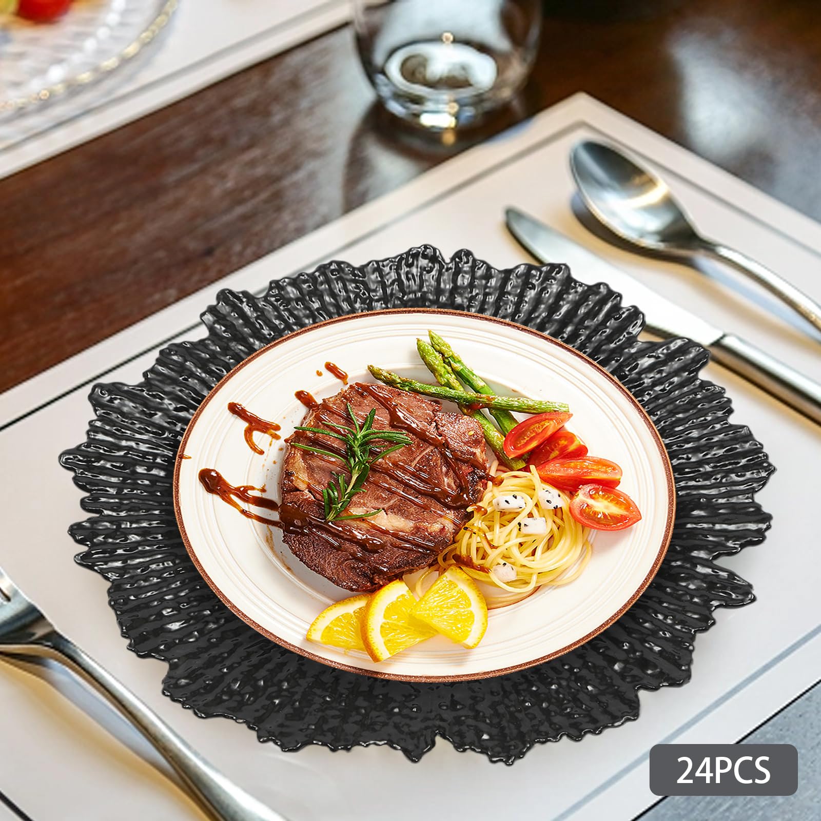 13'' Round Black Charger Plates Set - 24 Reusable Decorative Dinner Plates for Wedding, Party & Kitchen Serving | Embossed Pattern Snack Trays - Elegant Table Decor for Special Occasions