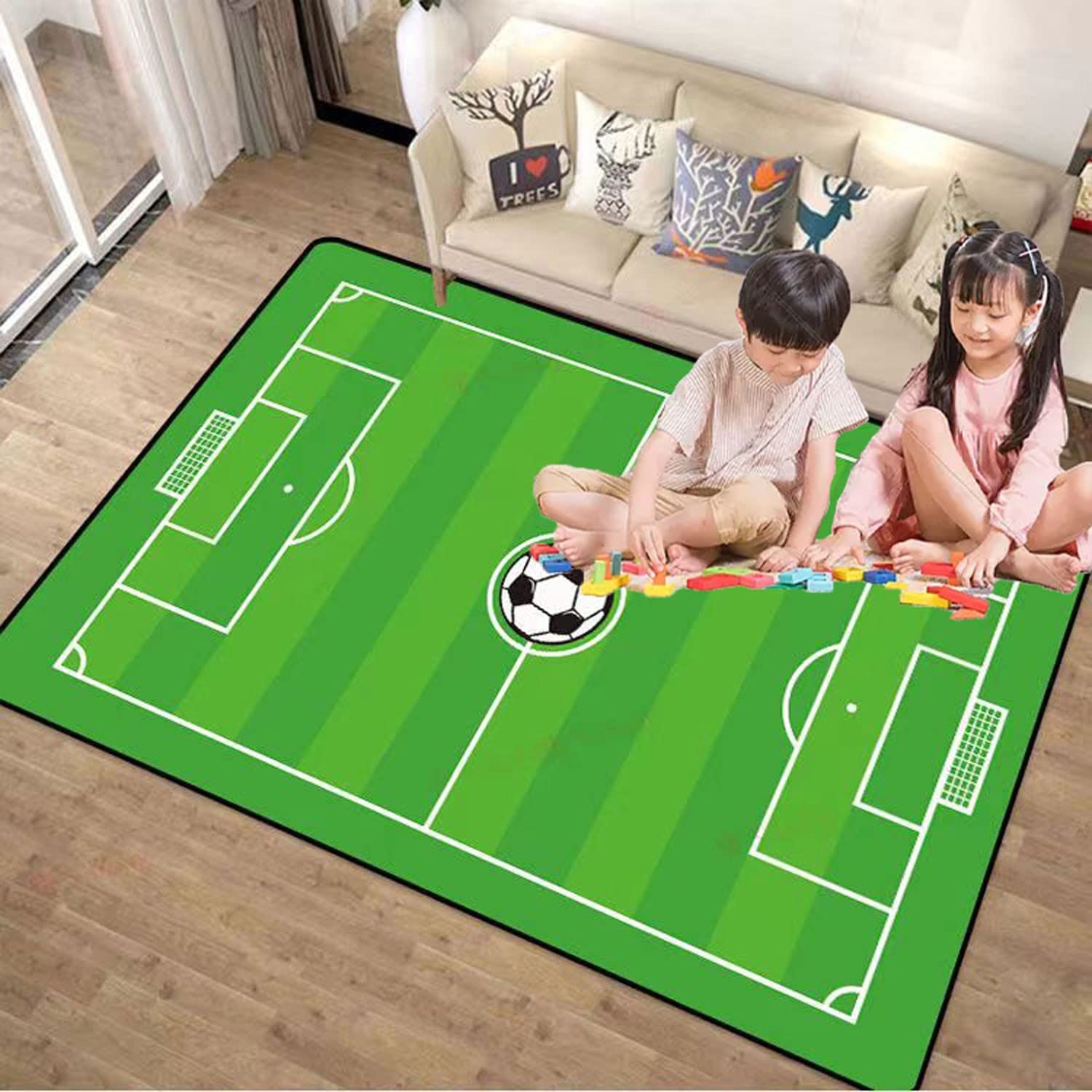 Non-Slip Kids Soccer Rug - 4x6 Football Field Playmat for Boys & Girls Bedroom, Sports Room & Living Room - Soft Green Children's Area Rug for Playtime & Decor