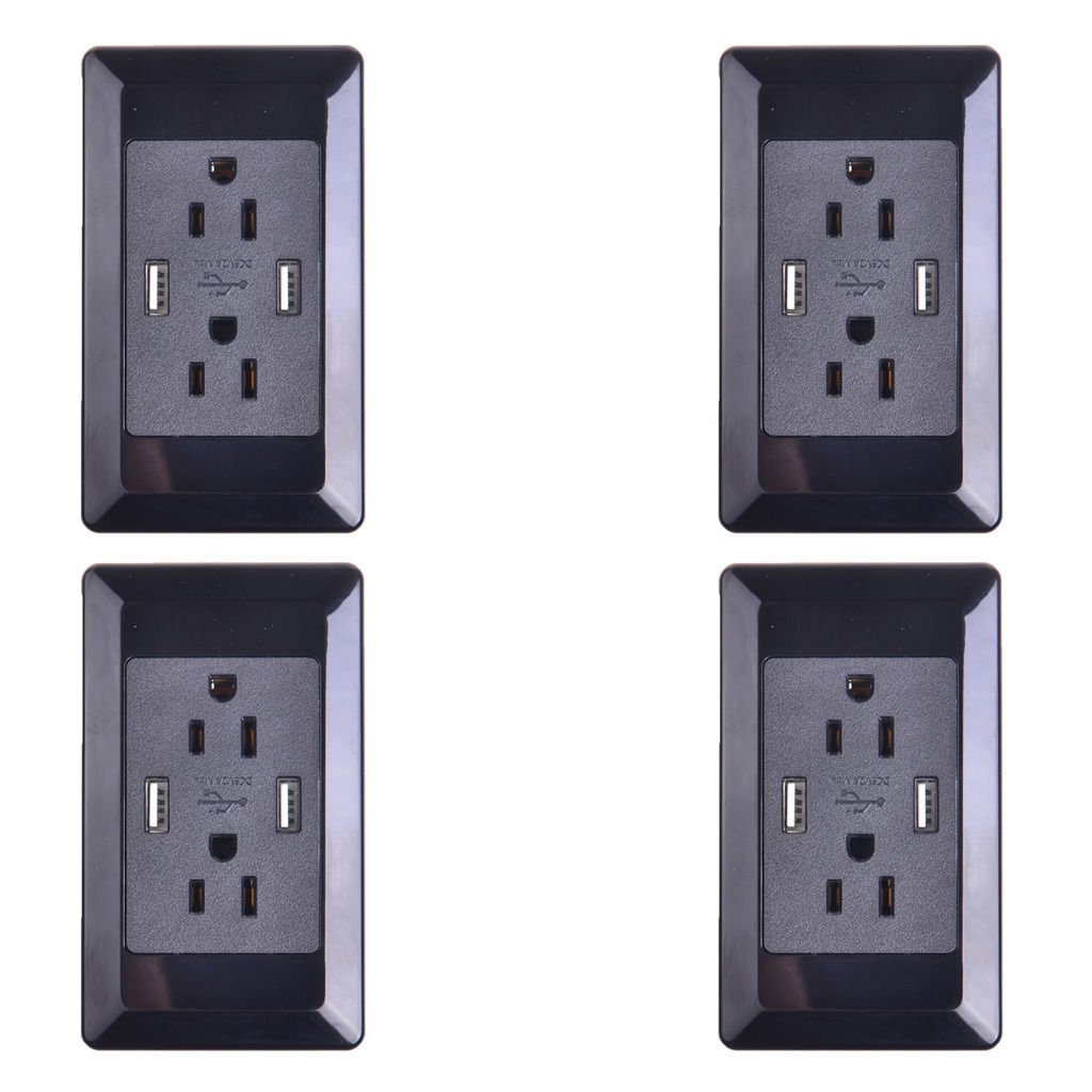 SuperInk 4-Pack AC Power Outlet with Dual USB Charger - ETL Certified 15A/2A Wall Socket Adapter, Black - Perfect for Home, Office & Travel Charging Needs