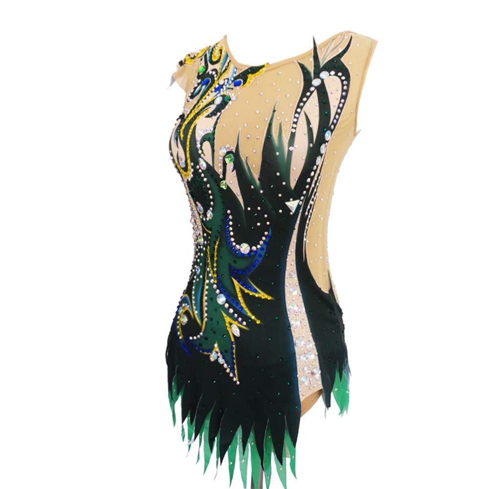 LIUHUO Girls Rhythmic Gymnastics Leotard - Emerald Green Shiny Rhinestone Performance Costume for Dance Competitions & Stage Shows