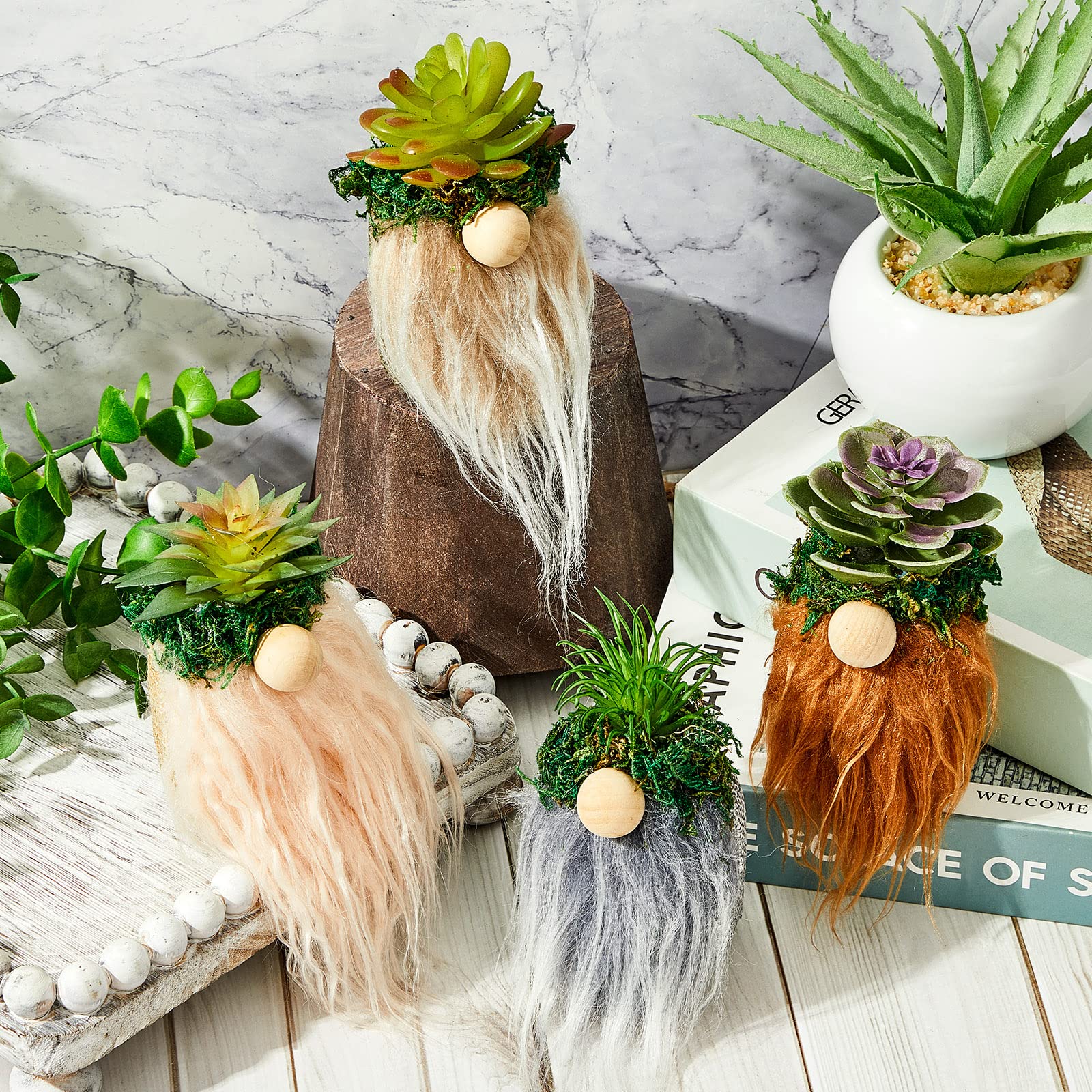 4 Pcs Mini Gnome Planters for Succulents & Cactus - Cute Home Decor, Desk Decorations, Tiered Tray Accents - Perfect Spring & Summer Gnome Gifts for Women (Garden, Office, Living Room Decor)