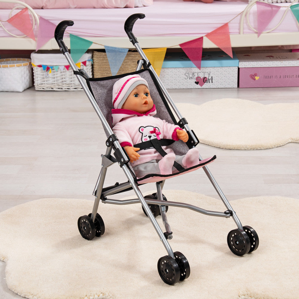 Stylish Grey Doll Umbrella Stroller for 18 Inch American Girl Dolls - Perfect for Pretend Play, Tea Parties & Indoor Outdoor Adventures