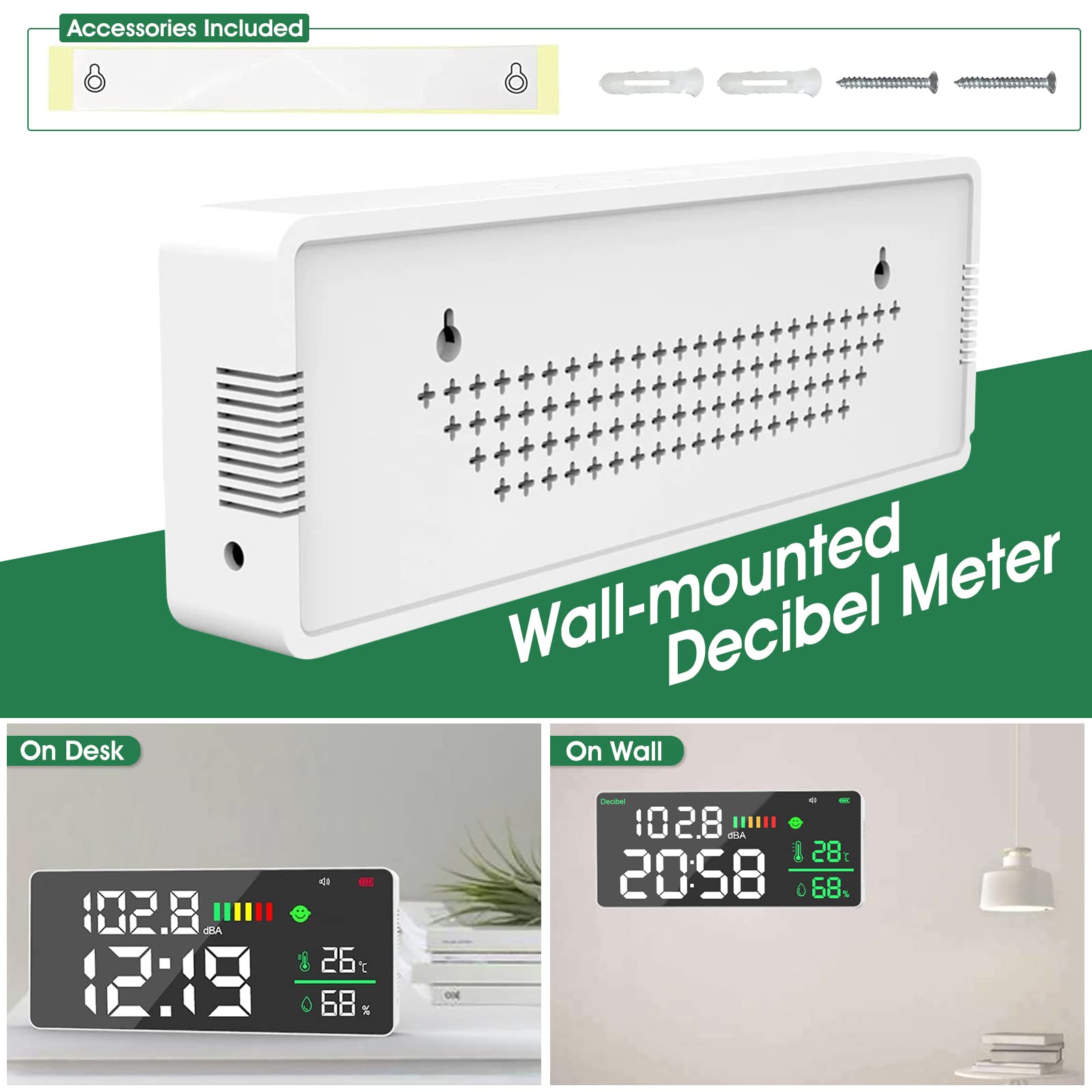 Digital Decibel Meter - Wall Mount Noise Tester with LED Display, Humidity & Temperature Measurement | Kethvoz Sound Level Monitor for Classroom, Studio, Hospital | Perfect for Workplace Safety & Environmental Noise Control
