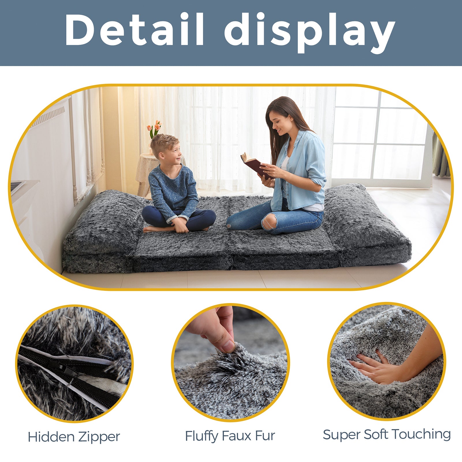 MAXYOYO Faux Fur Bean Bag Chair - Foldable Floor Sofa Bed with Foam Filling, Wall Couch Sleeper for Living Room, Bedroom & Dorm - Black (Perfect for Lounging, Gaming & Small Space Living)