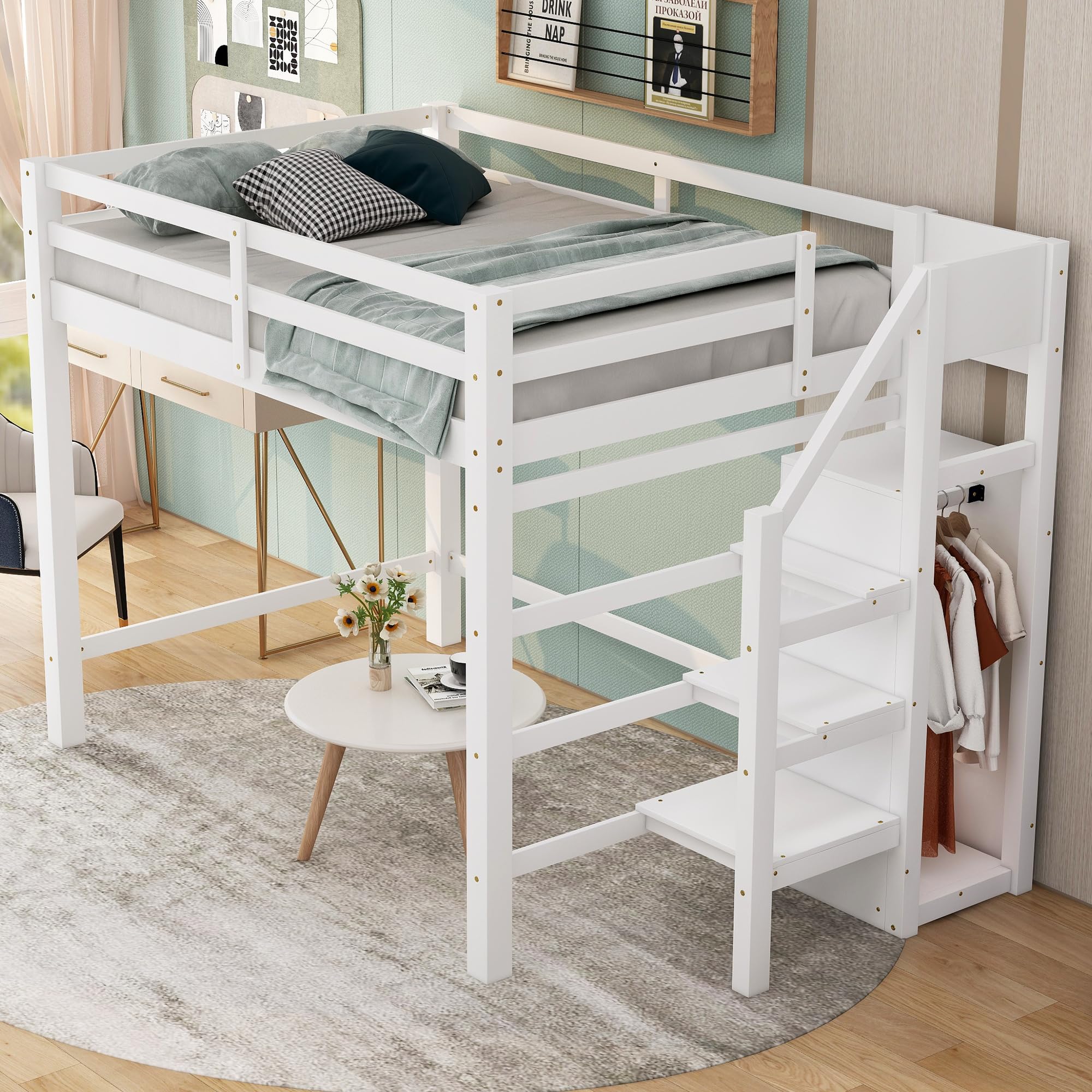 Full Size Loft Bed with Storage Staircase & Wardrobe - Wooden High Loft Bed Frame for Kids, Teens & Adults - Space-Saving Bedroom Solution for Small Rooms, Dorms & Apartments - White by Harper & Bright Designs