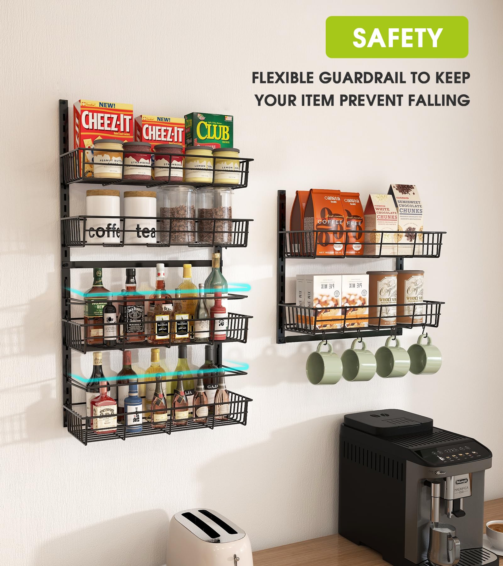 Over The Door Pantry Organizer - Heavy Duty Metal Wall Mount Spice Rack with 8 Adjustable Baskets, Hanging Storage for Kitchen & Home Organization - Black (Perfect for Small Spaces, Pantry Doors, and Seasoning Storage)