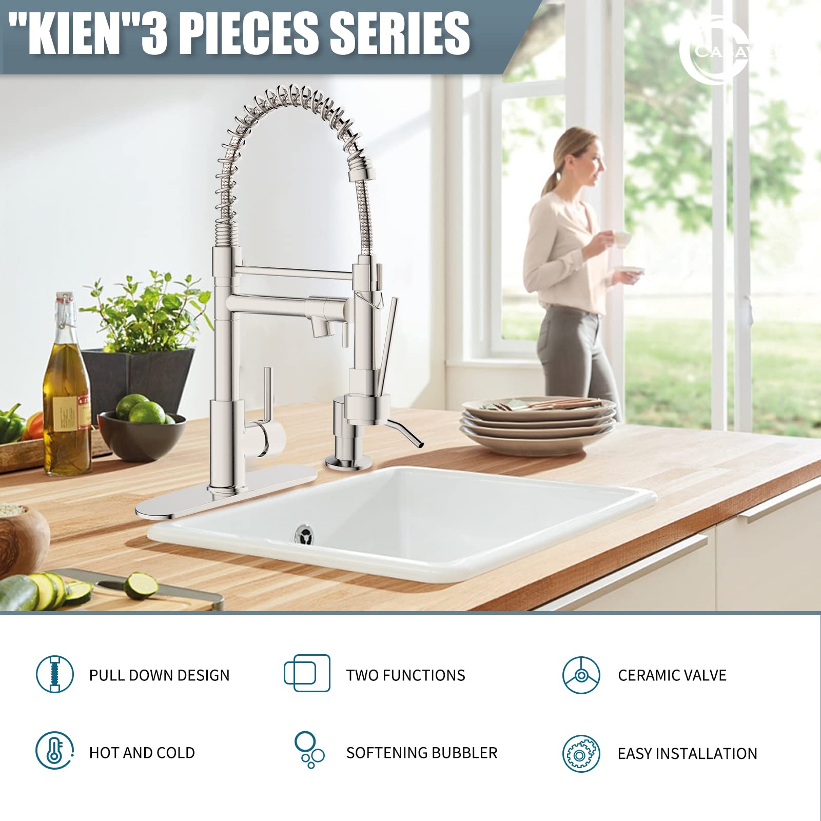 Brushed Nickel Kitchen Faucet with Pull Down Sprayer & Soap Dispenser - Single Handle Farmhouse Sink Faucet for RV, Camper, Tiny Home | Dual Function Spray Head with Deck Plate | Perfect for Small Kitchens, Mobile Homes & Outdoor Use