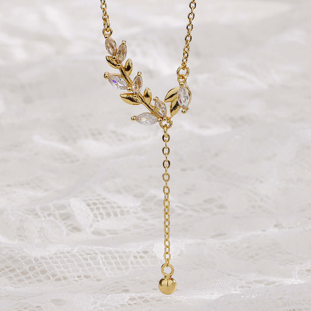 Marquise Olive Branch Leaf Y Necklace - Elegant Sterling Silver Pendant for Women | Perfect for Weddings, Anniversaries & Everyday Wear | R8236