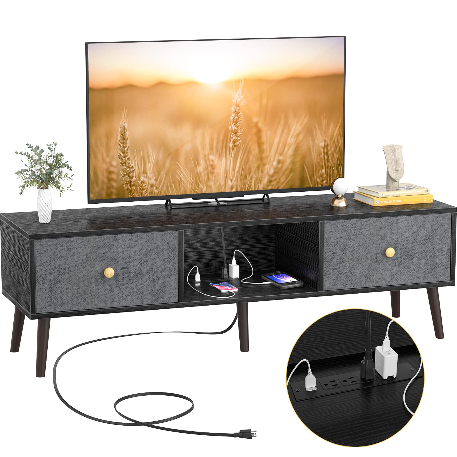 Modern Black TV Stand for 55-60 Inch TVs with Built-in Outlet & Storage - Entertainment Center with Open Shelves & 2 Drawers - Media Console Cabinet for Living Room, Bedroom, Home Theater Setup