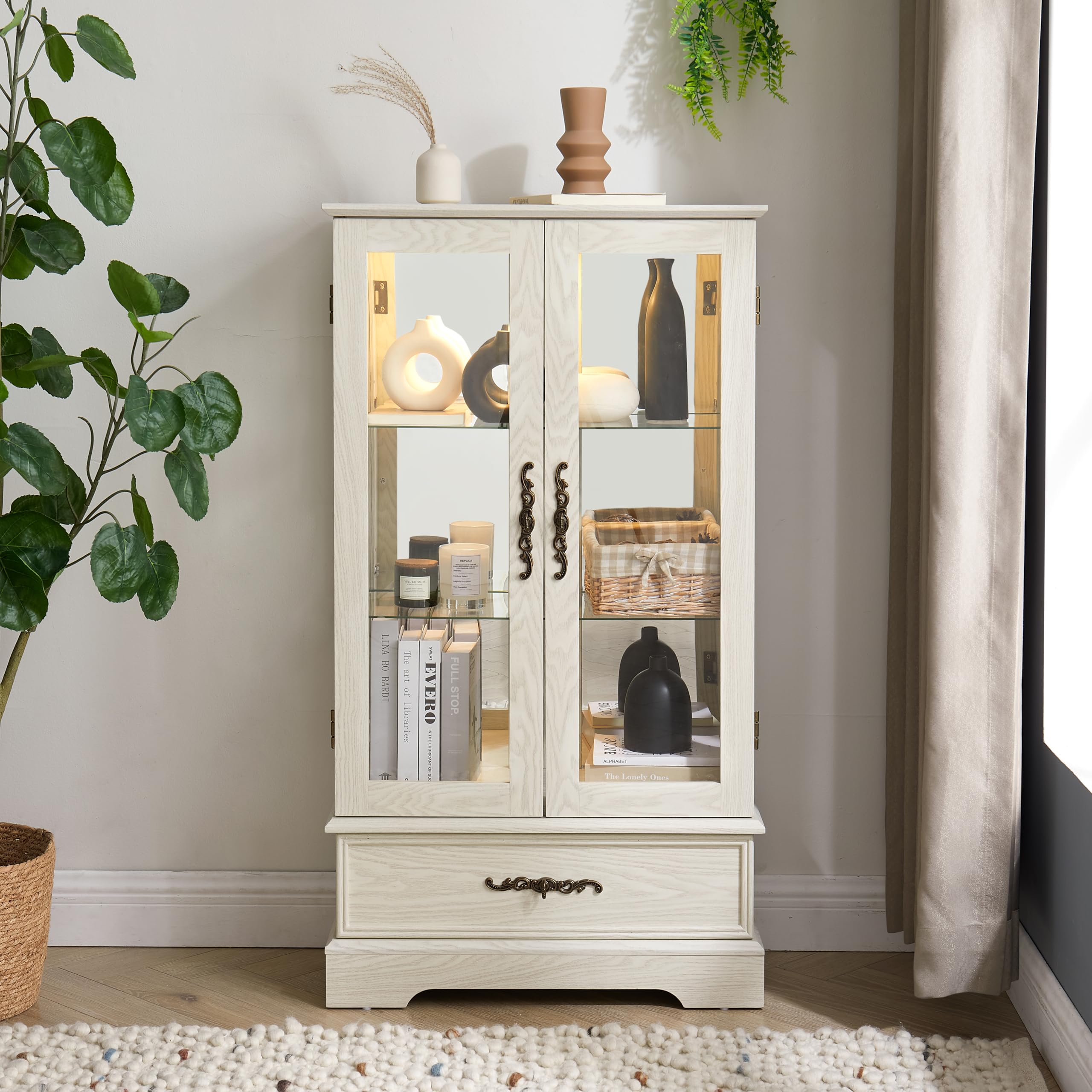 Dolonm White 3-Tier Glass Curio Cabinet with LED Lights & Storage Drawer - Adjustable Shelves Display Cabinet for Living Room, Kitchen, Dining Room - Perfect for Showcasing Collectibles, China, or Home Decor