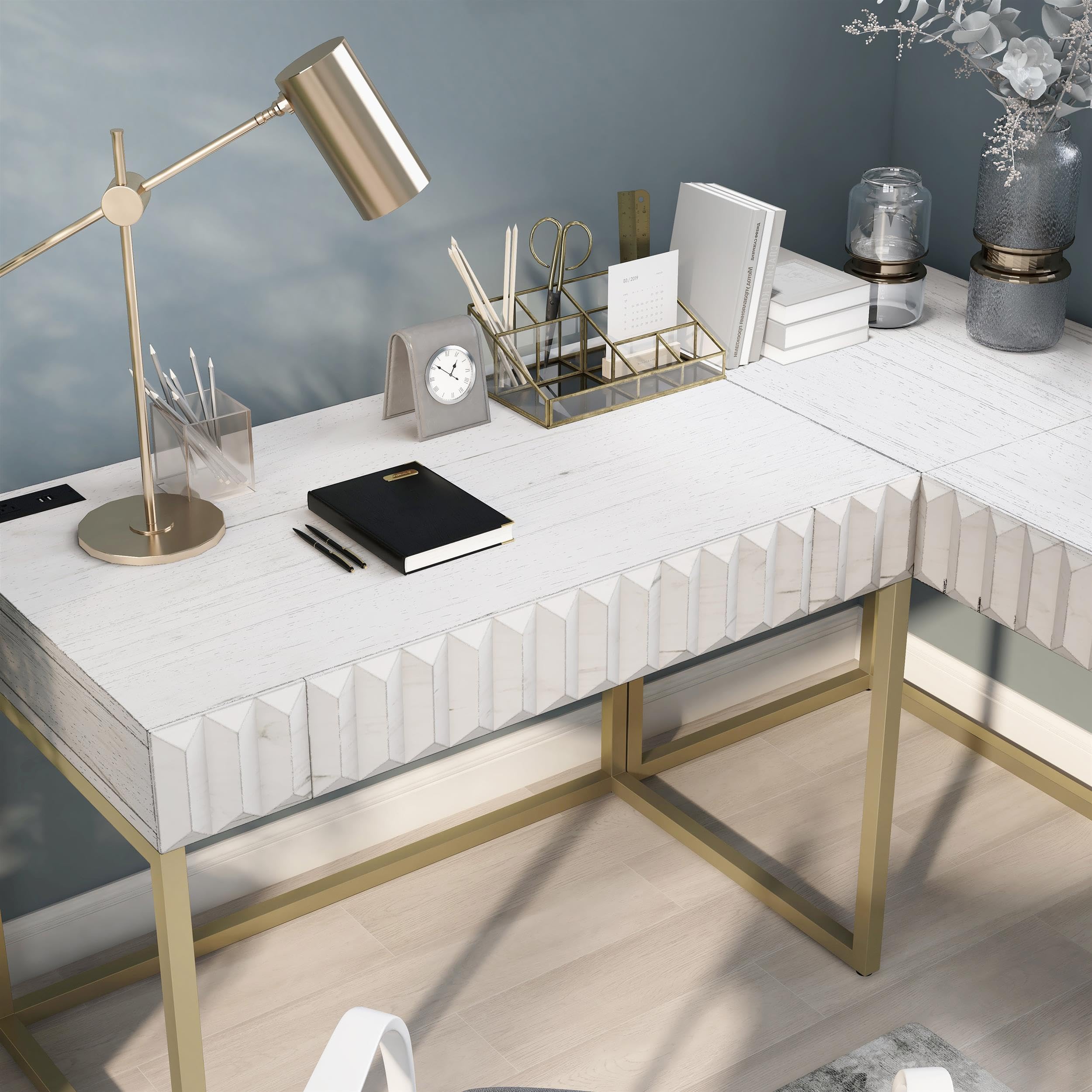 Furniture of America Giffore Wood 2-Piece White Writing Desk Set - Home Office Desk & Chair for Study, Work, and Small Spaces