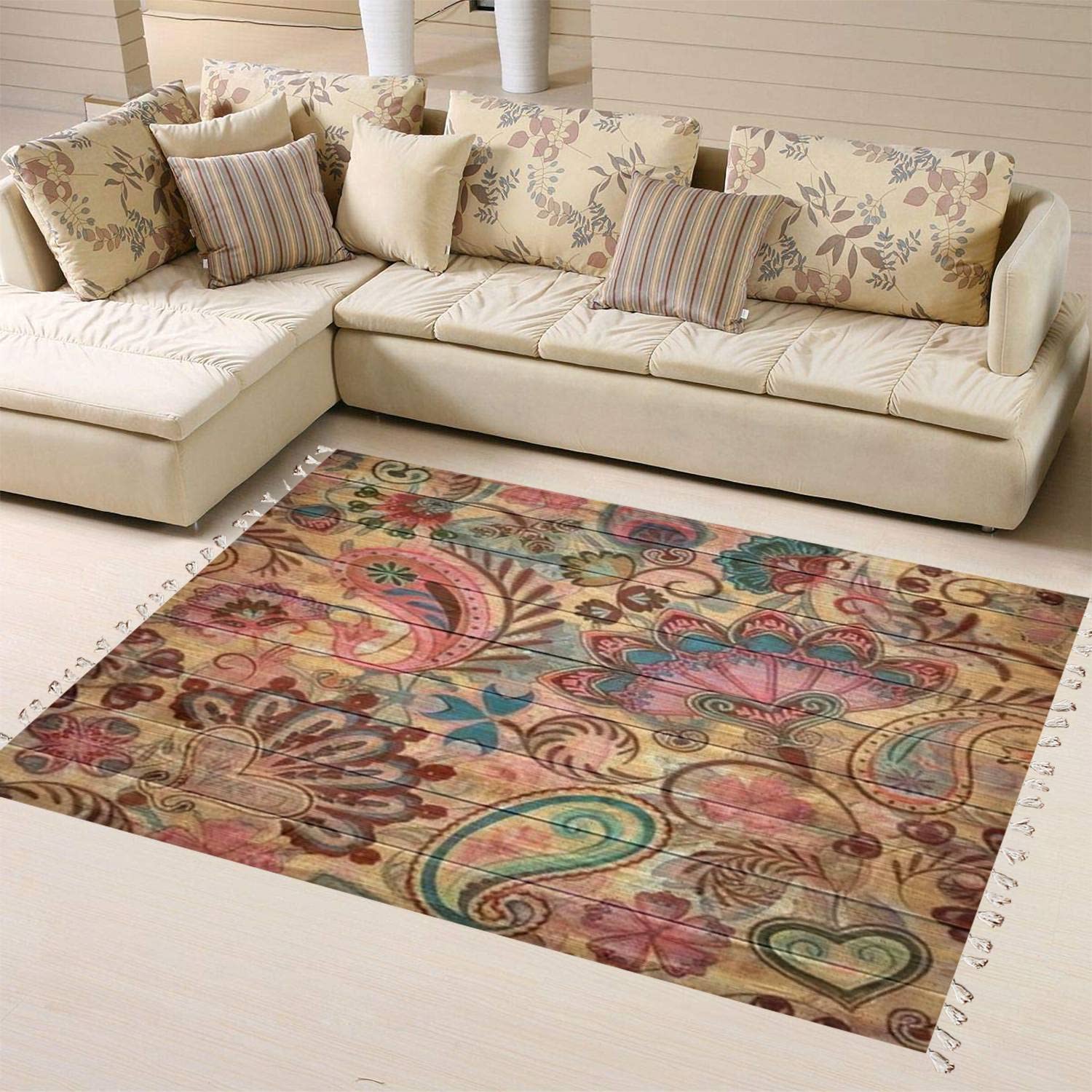 Boho Paisley Ethnic Floral Seamless Area Rug - Pastel Pink & Blue Linen Carpet for Living Room, Bedroom, Patio, Hallway | Minimalist Home Decor & Cozy Floor Mat for Indoor/Outdoor Use
