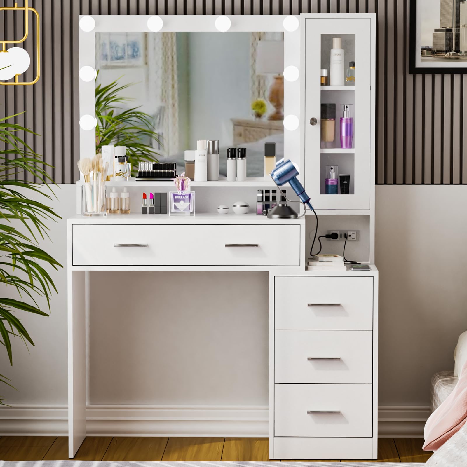 Likein Makeup Vanity with Mirror & Lights - Dressing Table with Charging Station & Drawers for Bedroom Beauty Routine
