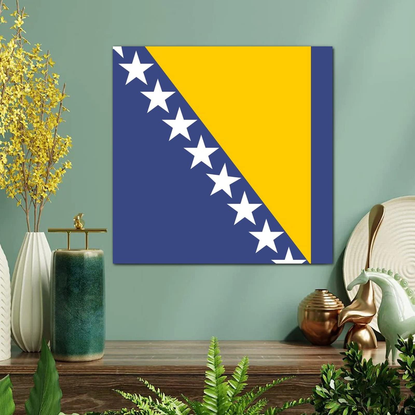 Bosnia and Herzegovina National Flag Canvas Wall Art - Retro Abstract Framed Painting Poster for Home, Living Room, Bedroom & Office Decor - Ready to Hang - Perfect for Patriotic Displays, Gifts & Wall Decoration