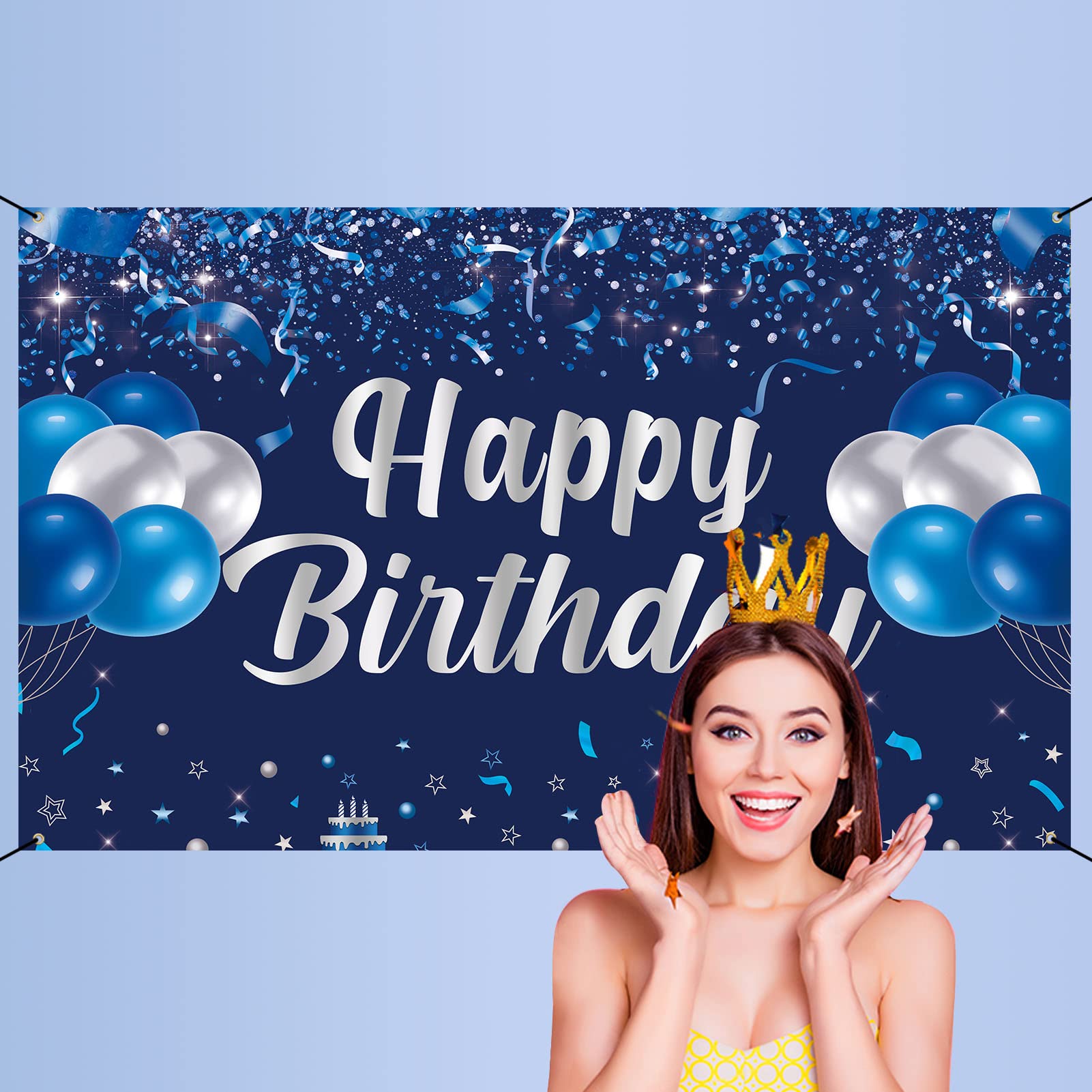 Blue and Silver Happy Birthday Banner Backdrop - Party Decorations for Men, Women, Kids - Indoor/Outdoor Photo Background - Perfect for Birthday Parties, Celebrations & Gift Giving
