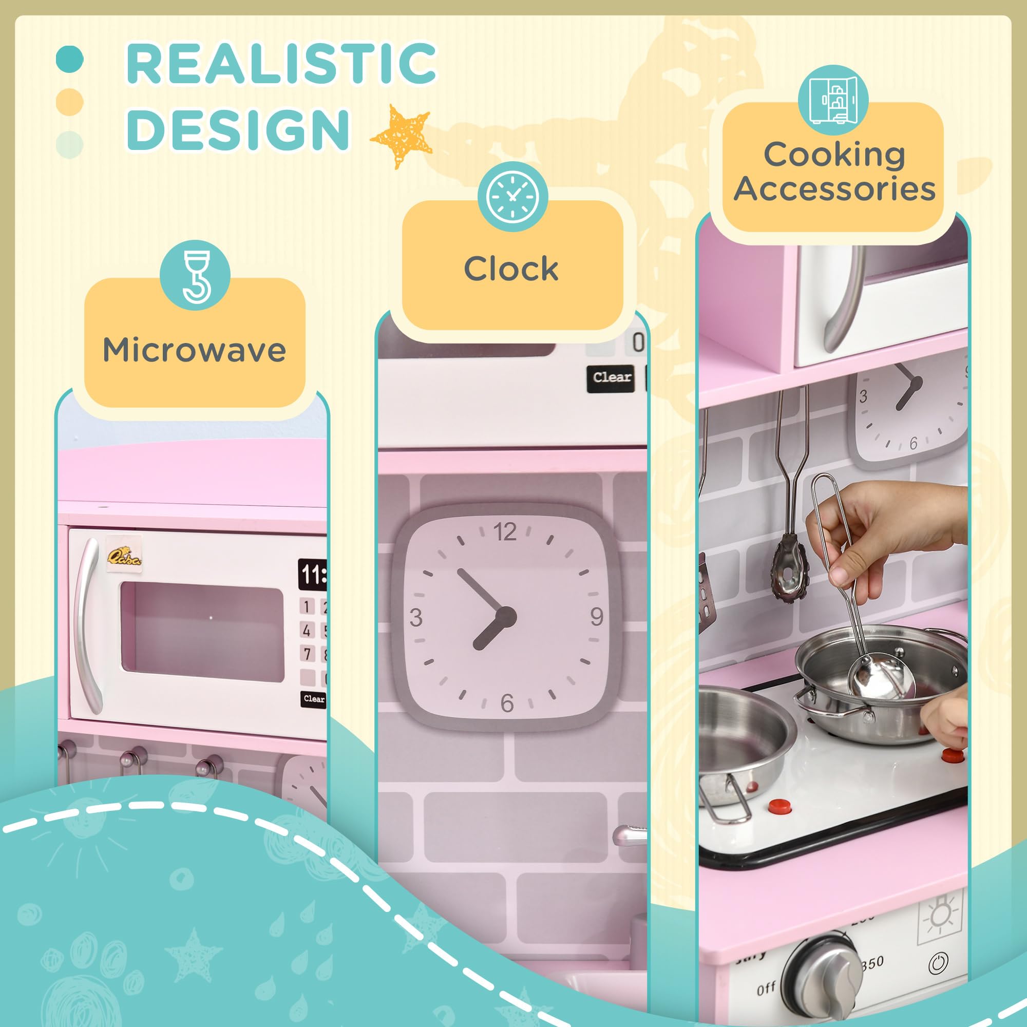 Qaba Kids Pretend Play Kitchen Toy Set - Realistic Design with Stove Lights, Storage & Water Dispenser - Educational Cooking Playset for Toddlers Ages 3-6 (Pink) - Perfect for Role Play, Birthday Gifts & Preschool Learning Activities