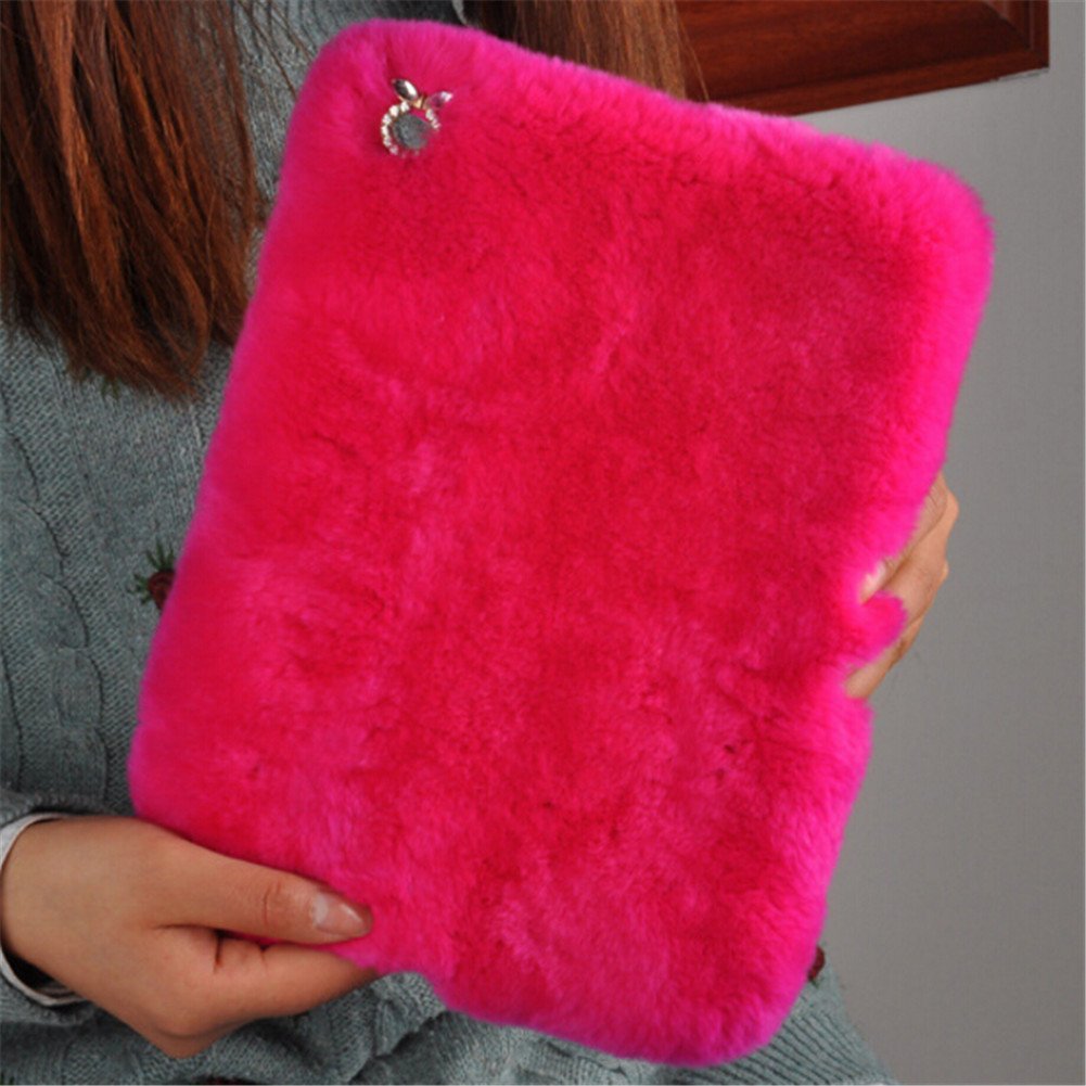 Luxury Diamond Bowknot Fluffy Furry Case for iPad 6/Air 2 - Winter Warm Beaver Rex Rabbit Fur Cover with Bling Pendant (Rose Pink) - Perfect for Women's Fashion Accessories & Cozy Home Use