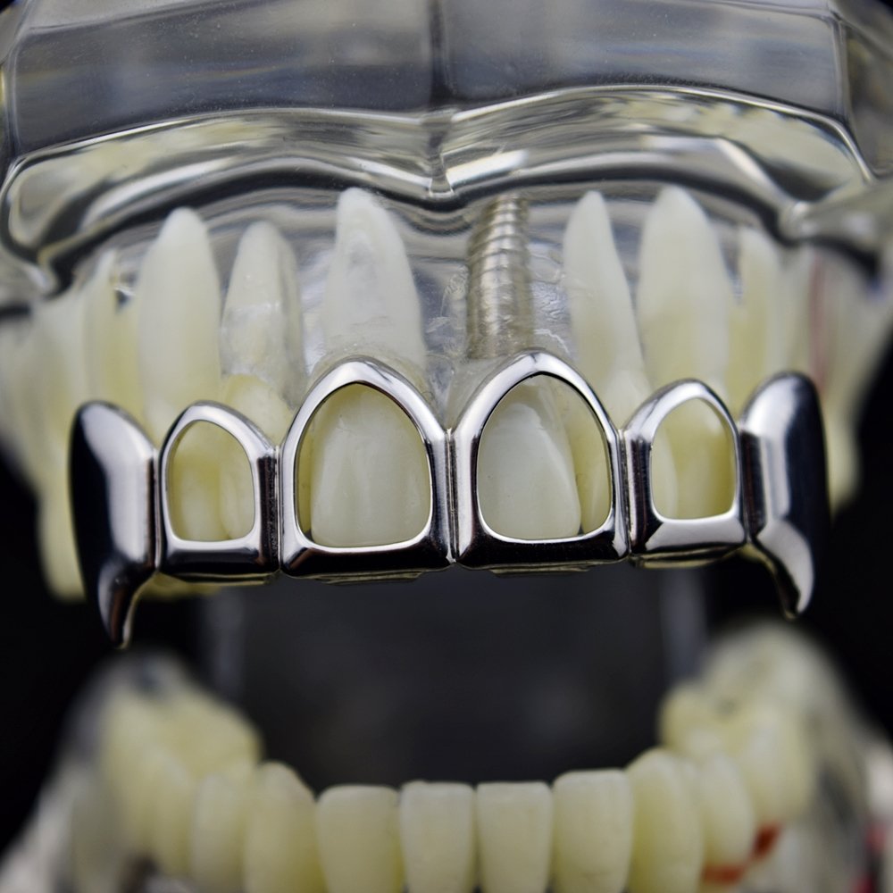 Vampire Fang Grillz - 4 Open Face Silver Tone Upper Teeth Grills for Hip Hop & Halloween Costume - Perfect for Parties, Cosplay, and Music Videos
