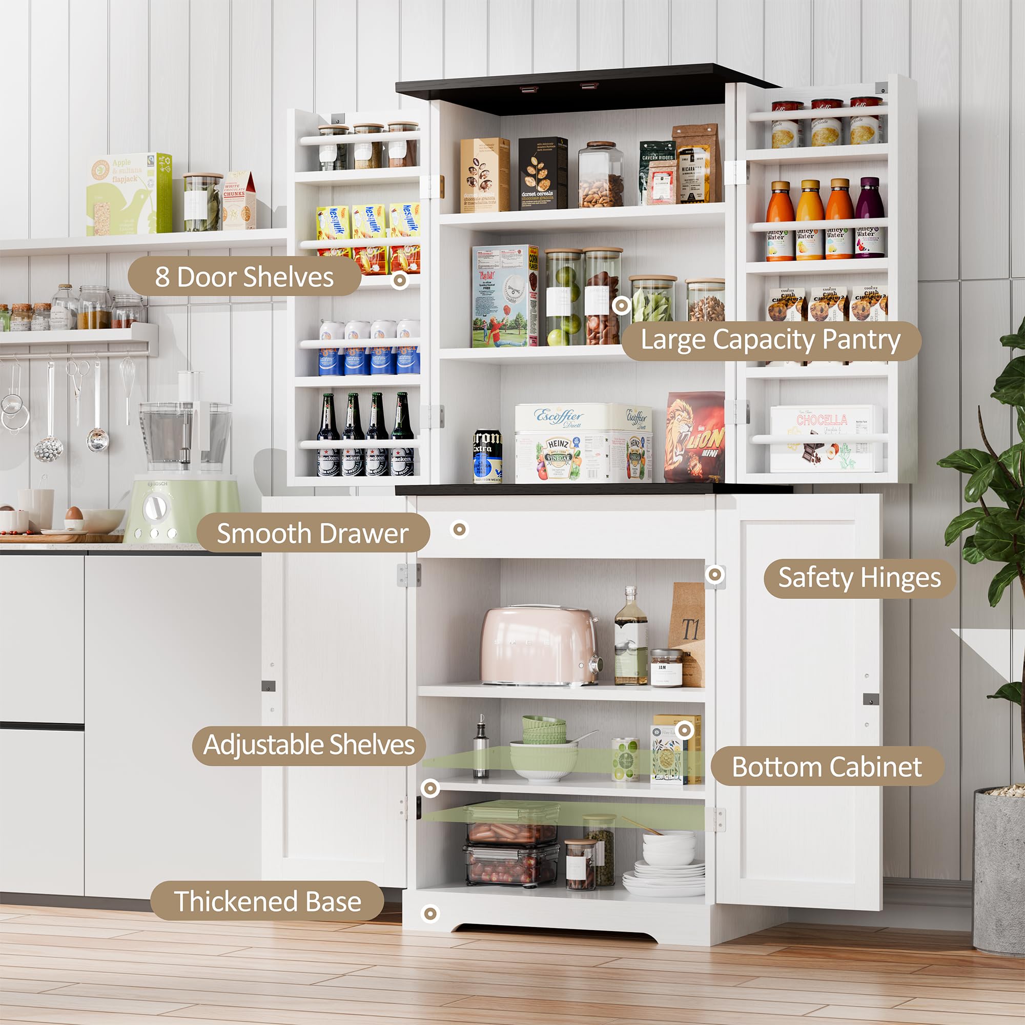 Rustic 6-Tier Wood Pantry Storage Cabinet with Barn Doors, Drawer & Adjustable Shelves - White Kitchen Cupboard for Dining Room, Living Room, Bathroom | Perfect for Organizing Spices, Dishes & Home Essentials