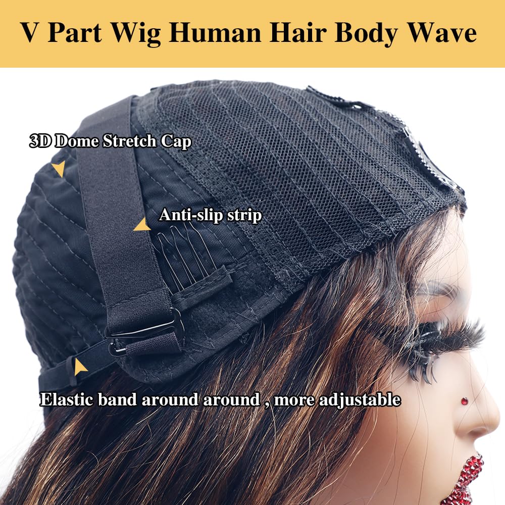 Xagujpo 26inch Body Wave V Part Human Hair Wig - No Sew #FB30 Ombre Brown U Part Wig with 180% Density - Highlighted Human Hair Wigs for Women | Perfect for Daily Wear, Parties & Special Occasions