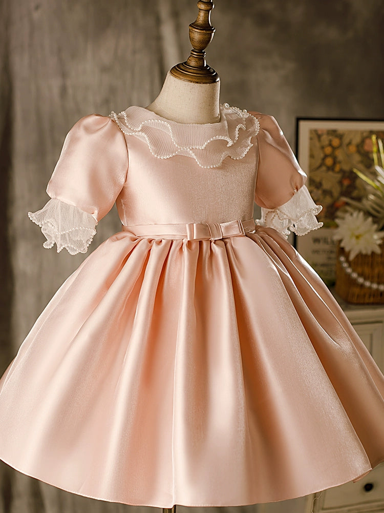 Pink Princess Round Tea Length Satin Flower Girl Dress - Perfect for Weddings, Birthday Parties & Special Occasions